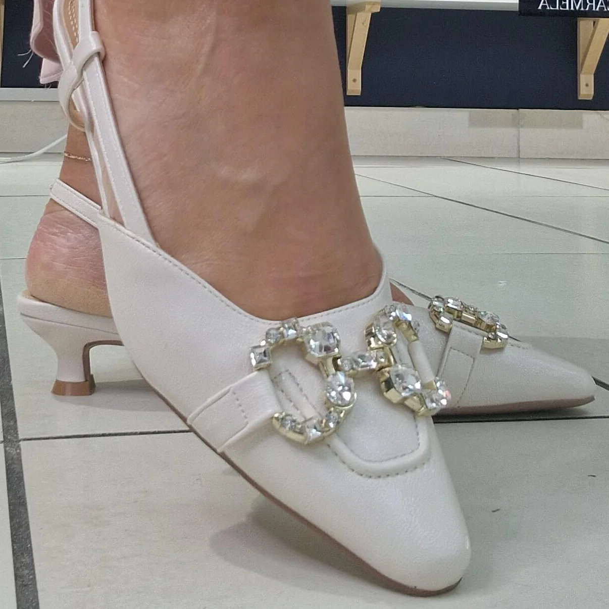 Sorento Cream Sling Back Kitten Heel Shoes - Image 4