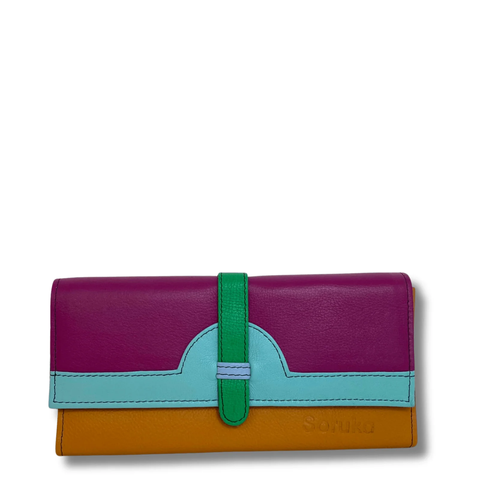 Soruka Half Moon Plain Leather Purse - Dark Pink Turq Mustard
