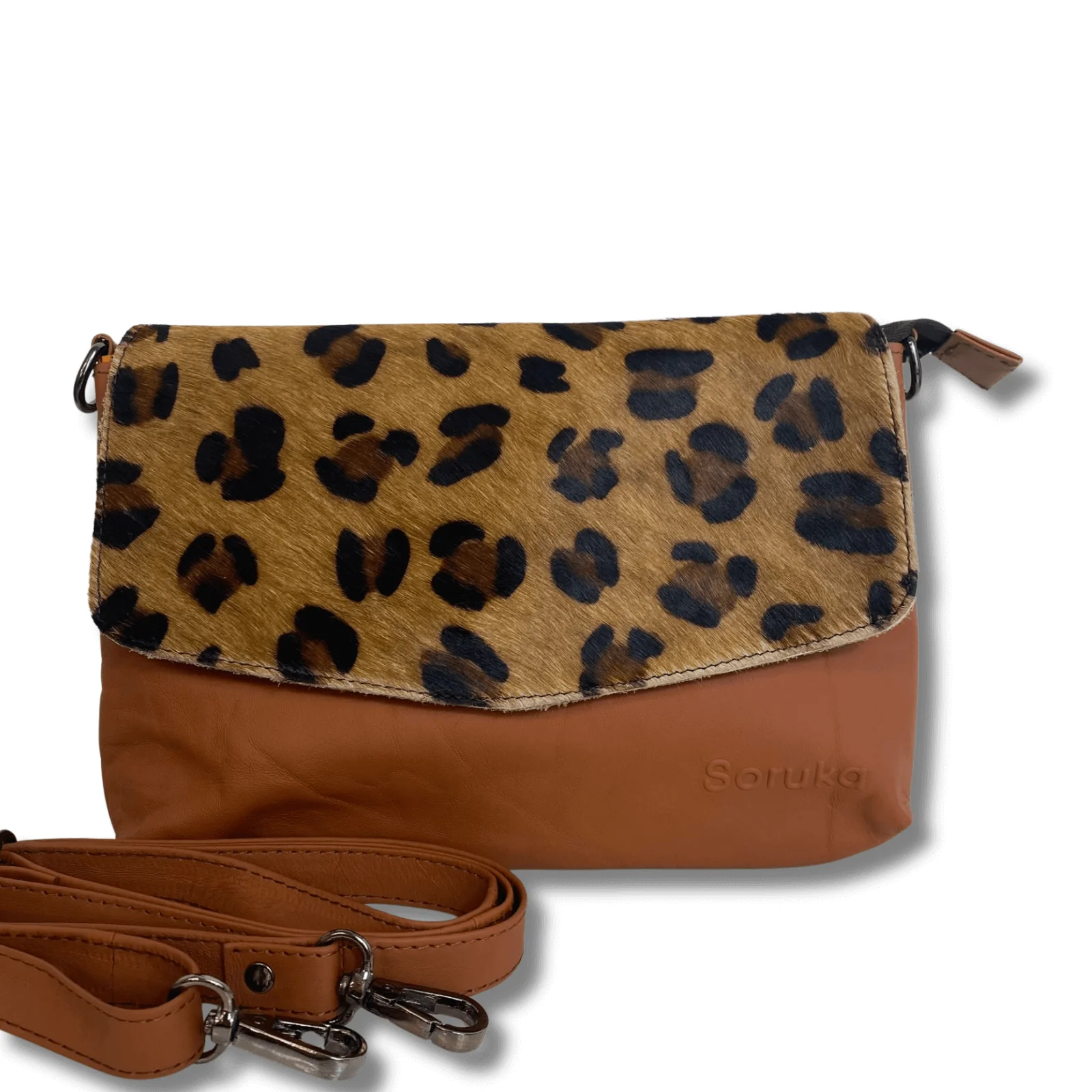 Soruka Lissandra Large Leather Crossbody Bag - Tan Leopard