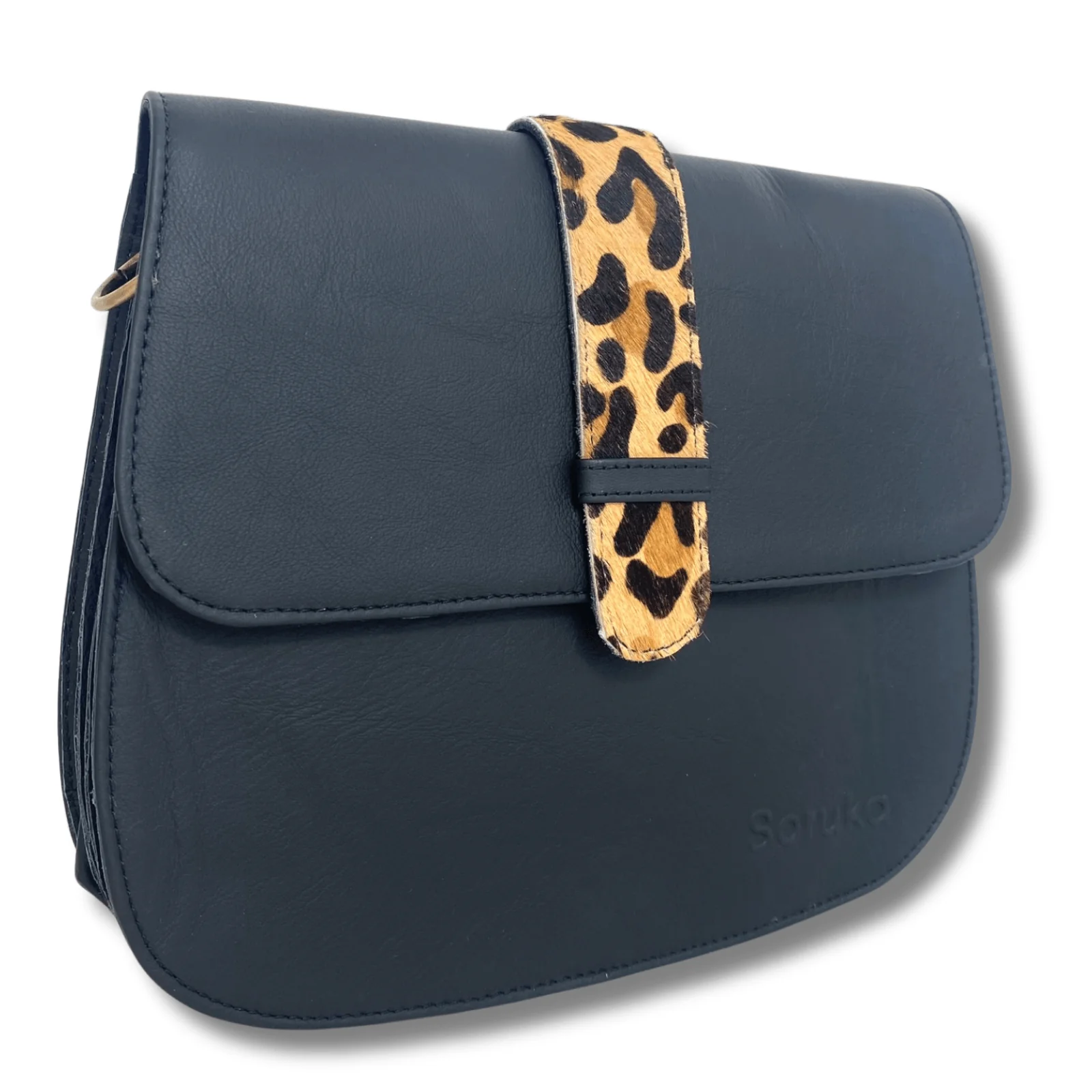 Soruka Ona Leather Saddle Bag - Black Smooth Leopard