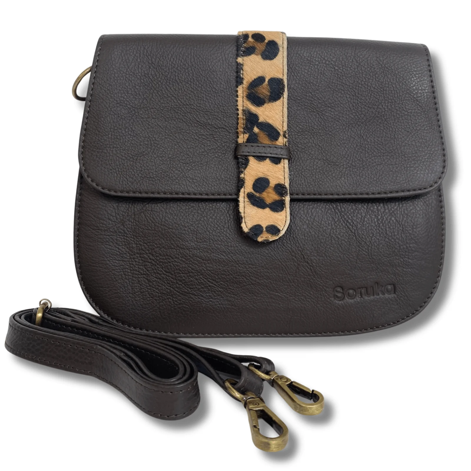 Soruka Ona Leather Saddle Bag - Chocolate Brown Leopard