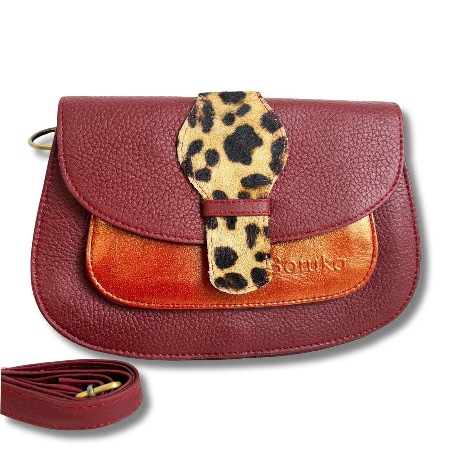 Soruka Violet Small Leather Saddle Bag - Burgundy Leopard