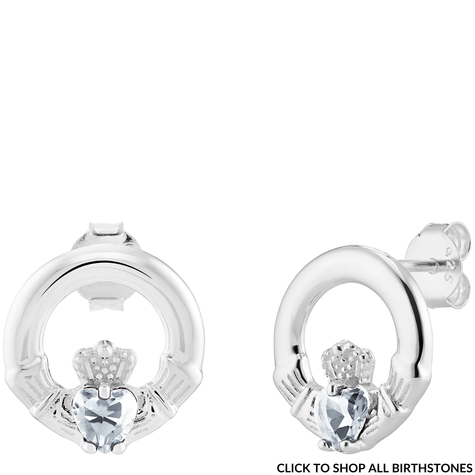 Sterling Silver Claddagh Birthstone Stud Earrings