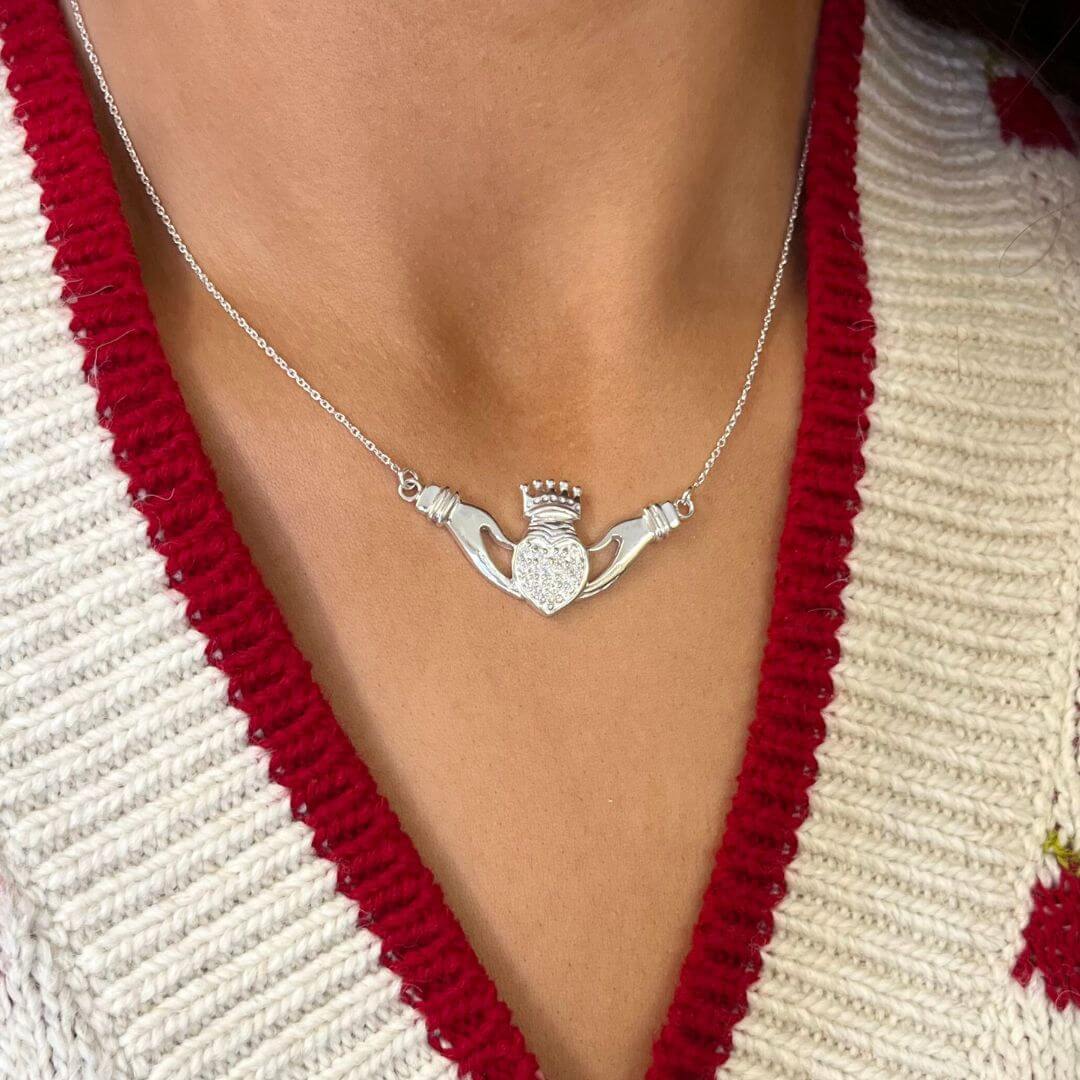 Sterling Silver CZ Large Claddagh & Chain Necklace Set - Image 2