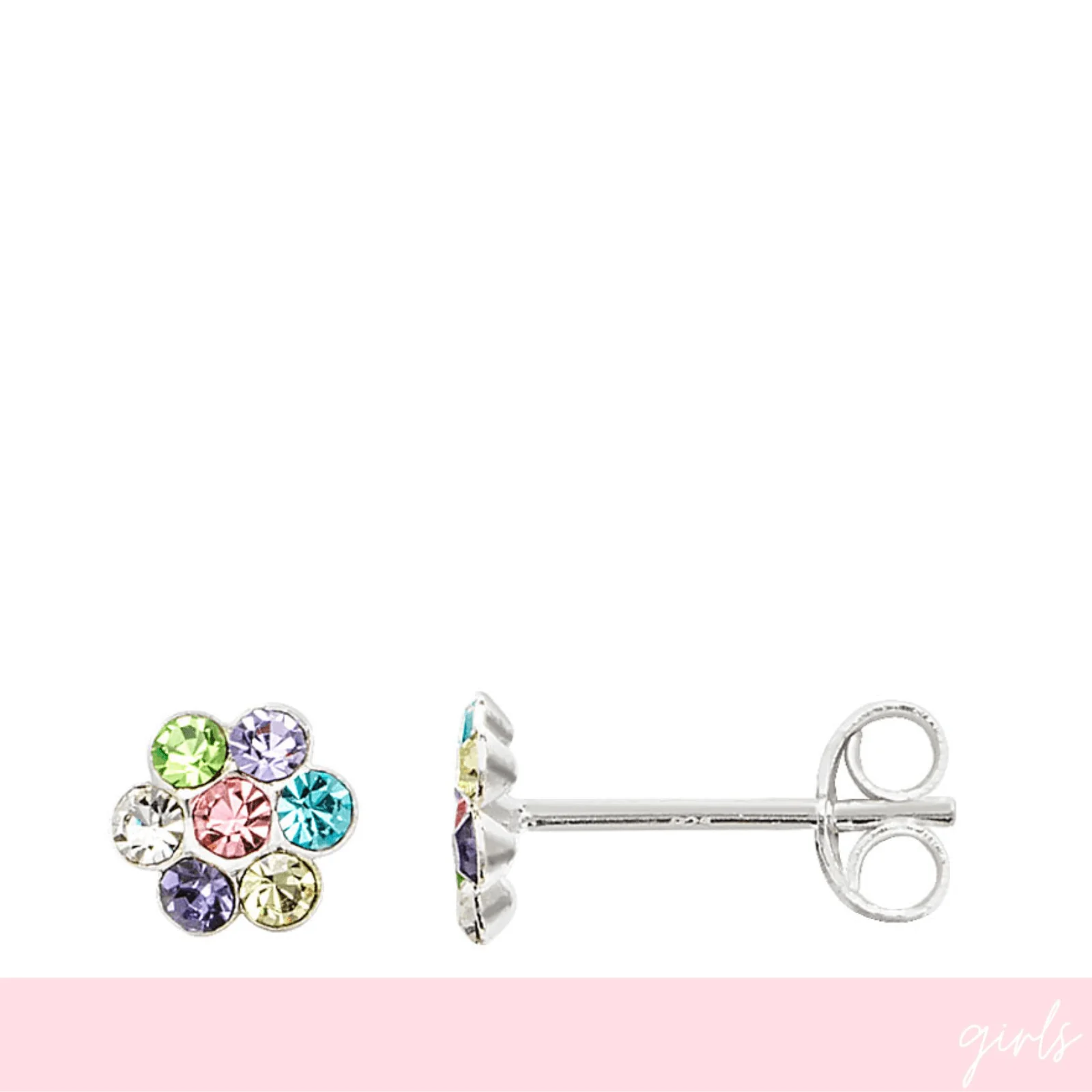 Sterling Silver Girls Multi Coloured Flower Stud Earrings