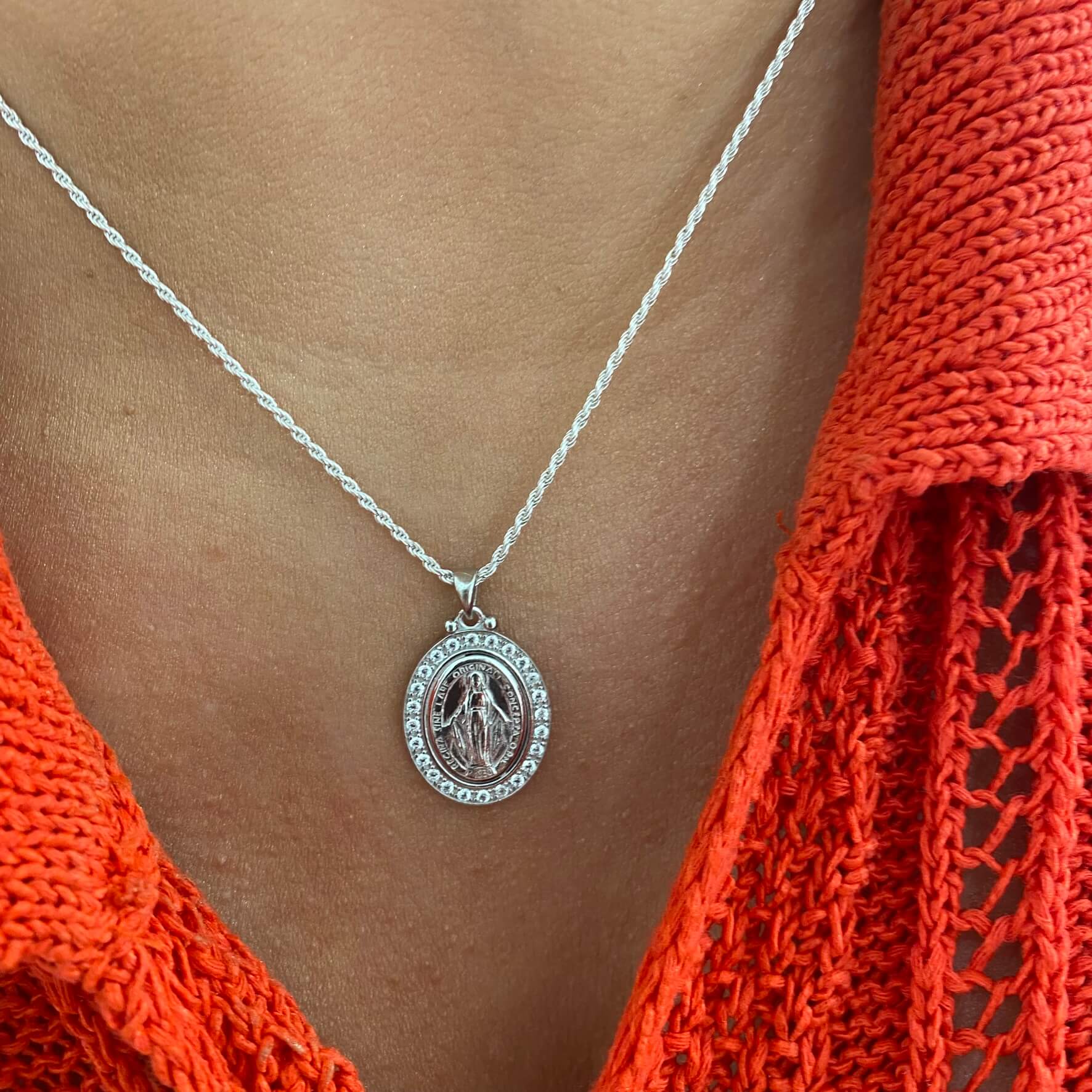 Sterling Silver Miraculous Medal & Twist Rope Chain Necklace - Image 2