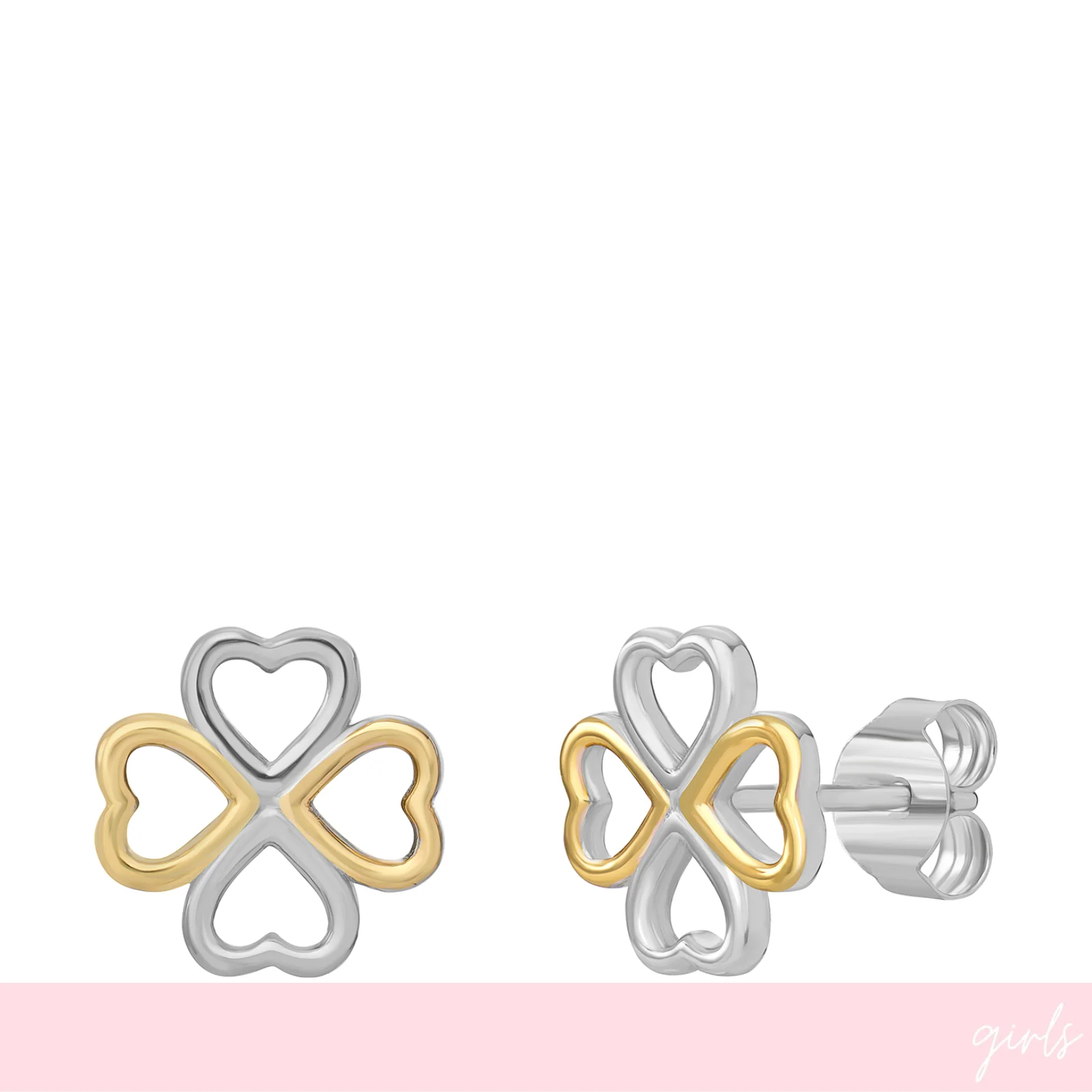 Sterling Silver Two Tone Heart Clover Stud Earrings