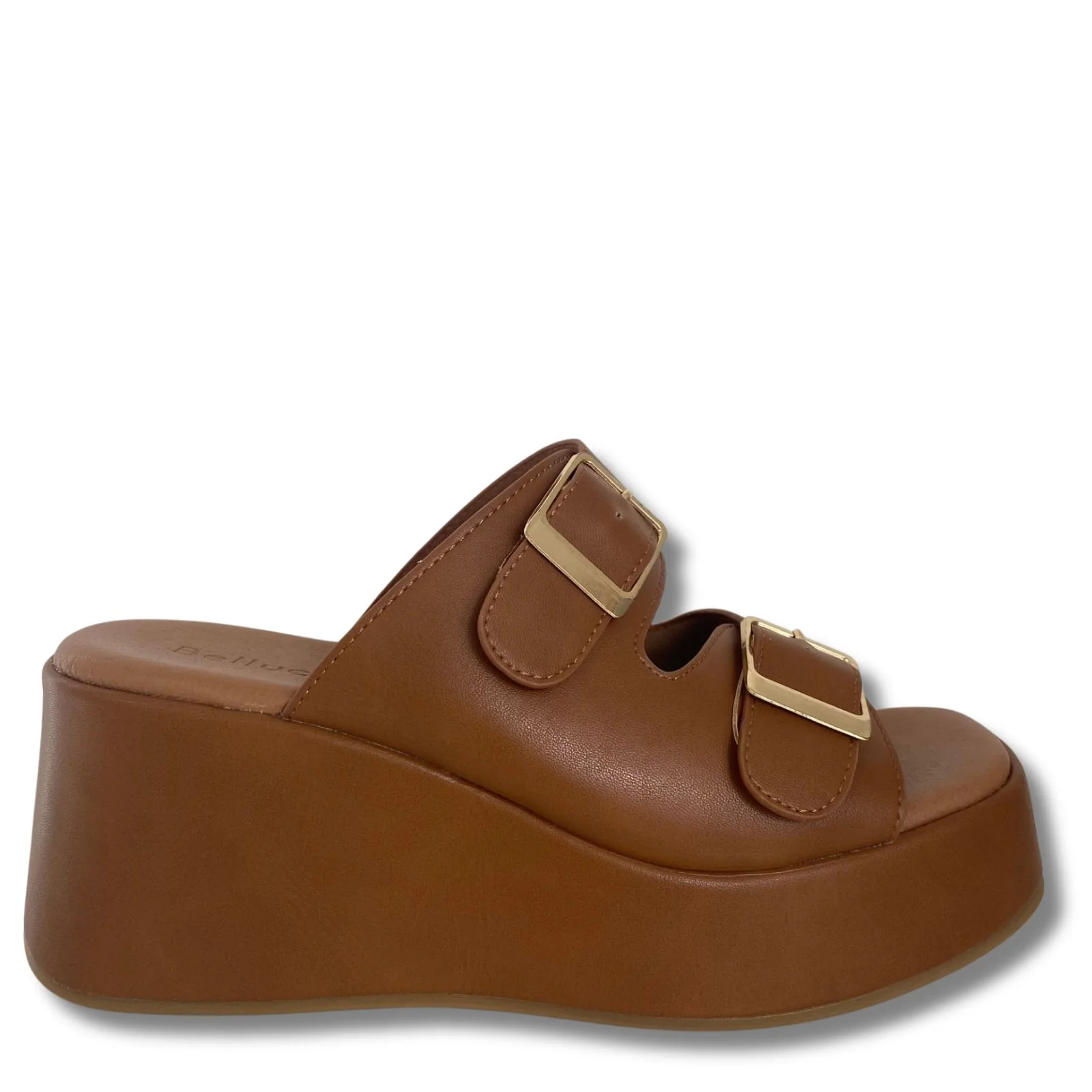 Tan Double Strap Slip On Wedge Sandals