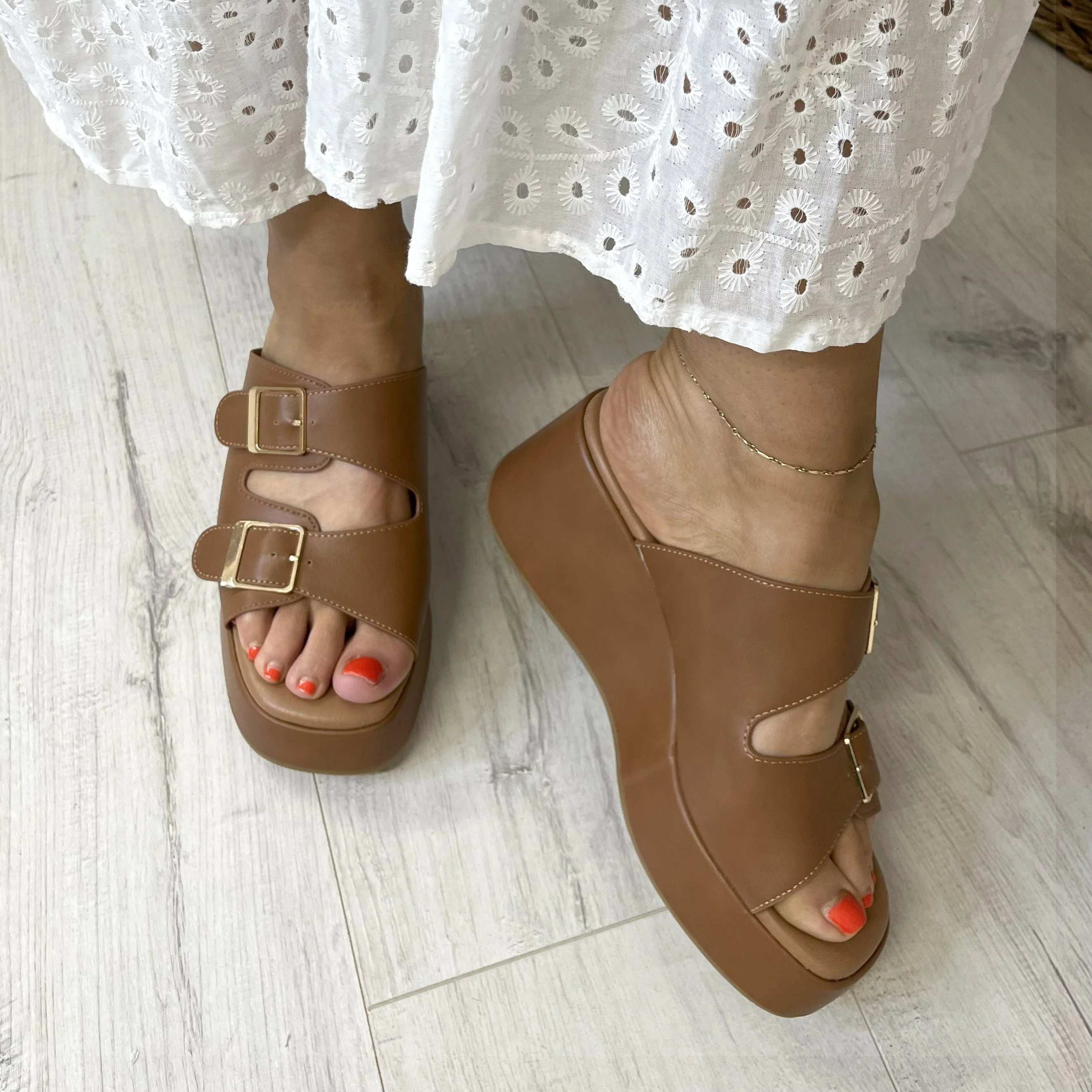 Tan Double Strap Slip On Wedge Sandals - Image 4