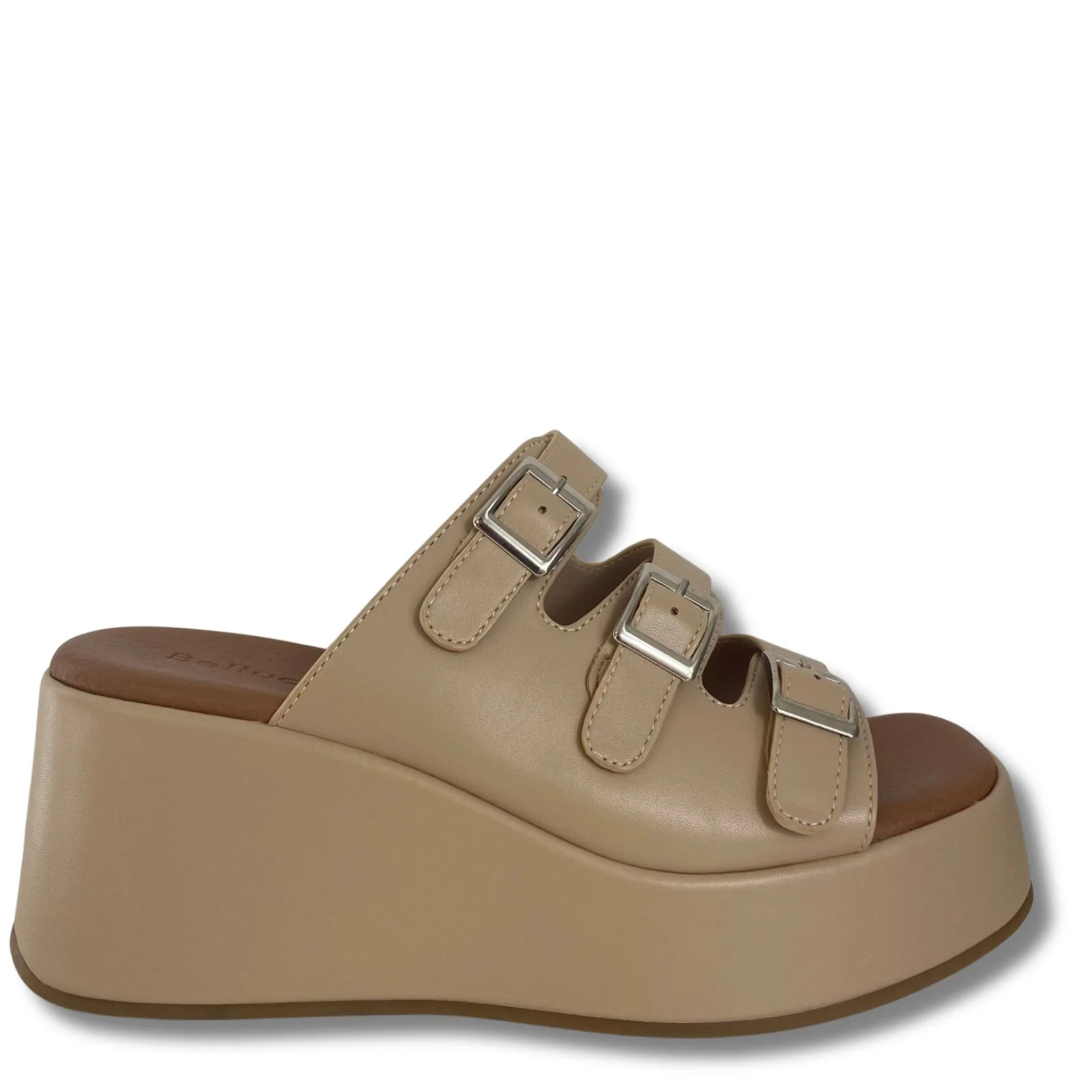 Taupe Triple Strap Slip On Wedge Sandals