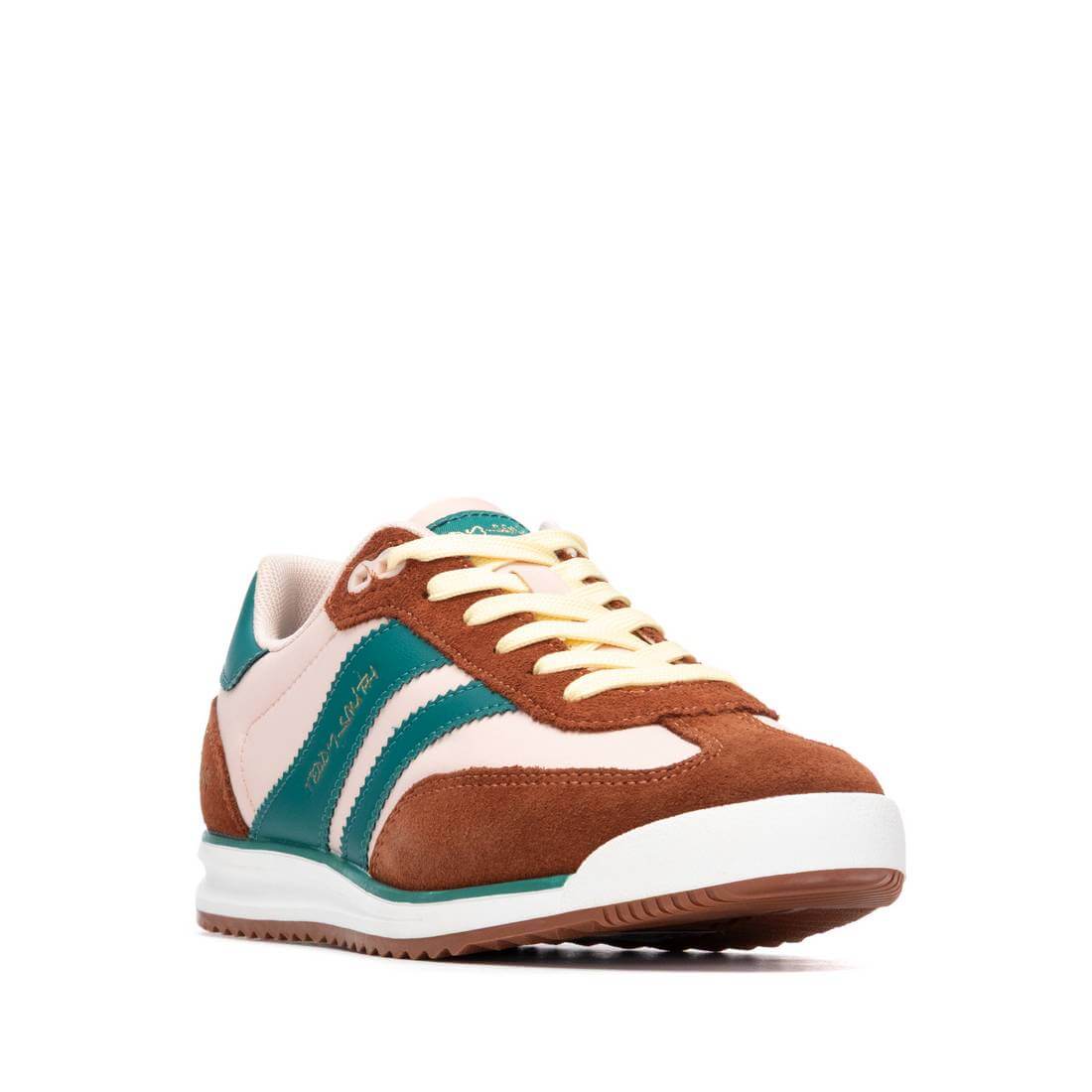 Teddy Smith Brown, Cream & Emerald Suede Slim Sole Retro Sneakers - Image 2