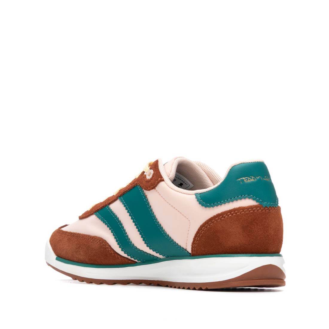 Teddy Smith Brown, Cream & Emerald Suede Slim Sole Retro Sneakers - Image 3