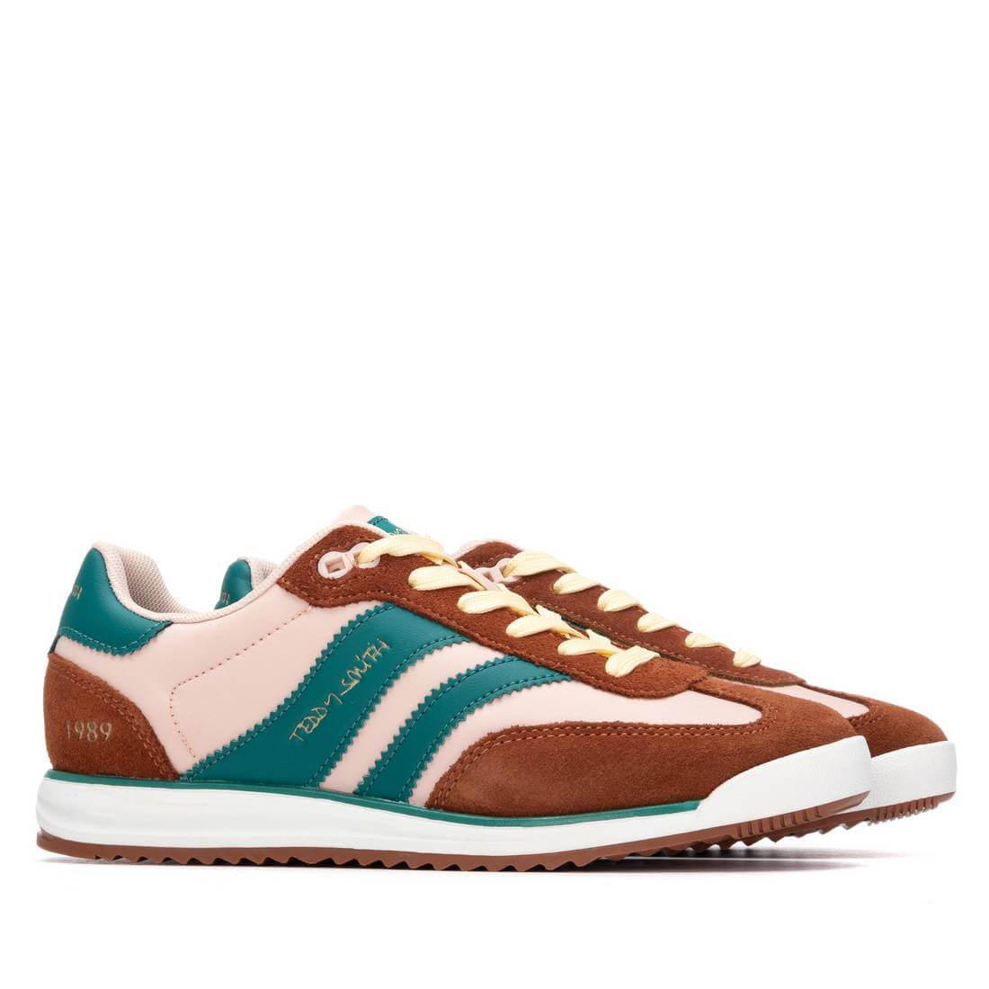 Teddy Smith Brown, Cream & Emerald Suede Slim Sole Retro Sneakers - Image 4