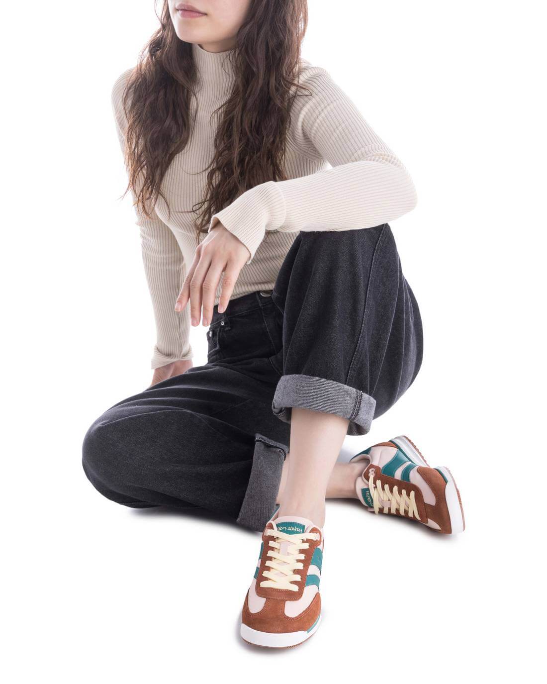 Teddy Smith Brown, Cream & Emerald Suede Slim Sole Retro Sneakers - Image 5