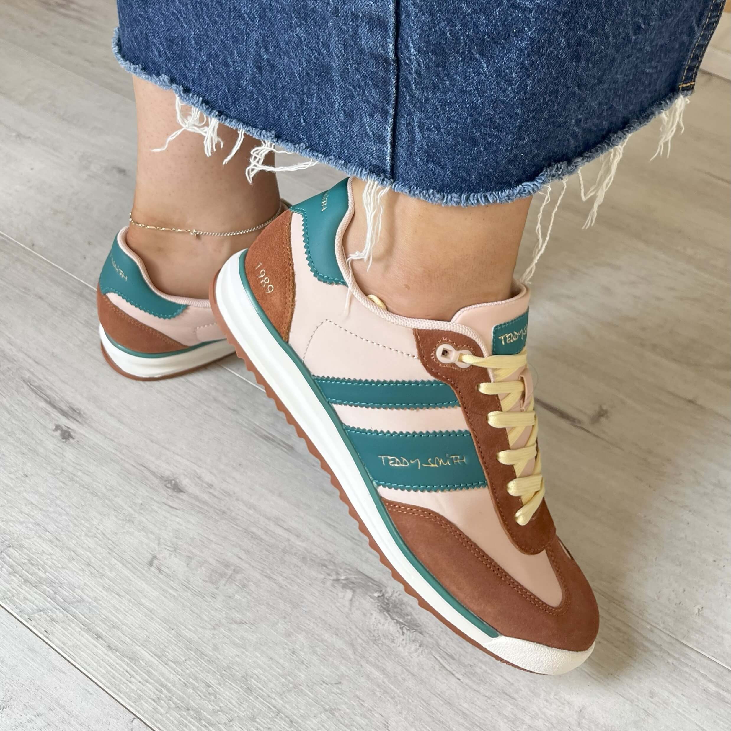 Teddy Smith Brown, Cream & Emerald Suede Slim Sole Retro Sneakers - Image 6