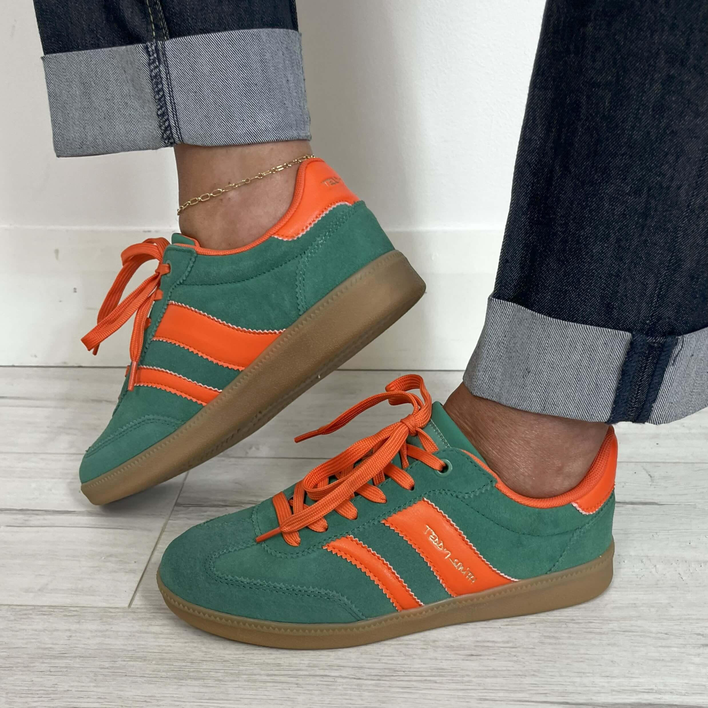 Teddy Smith Green & Orange Suede Slim Line Sole Sneakers - Image 6