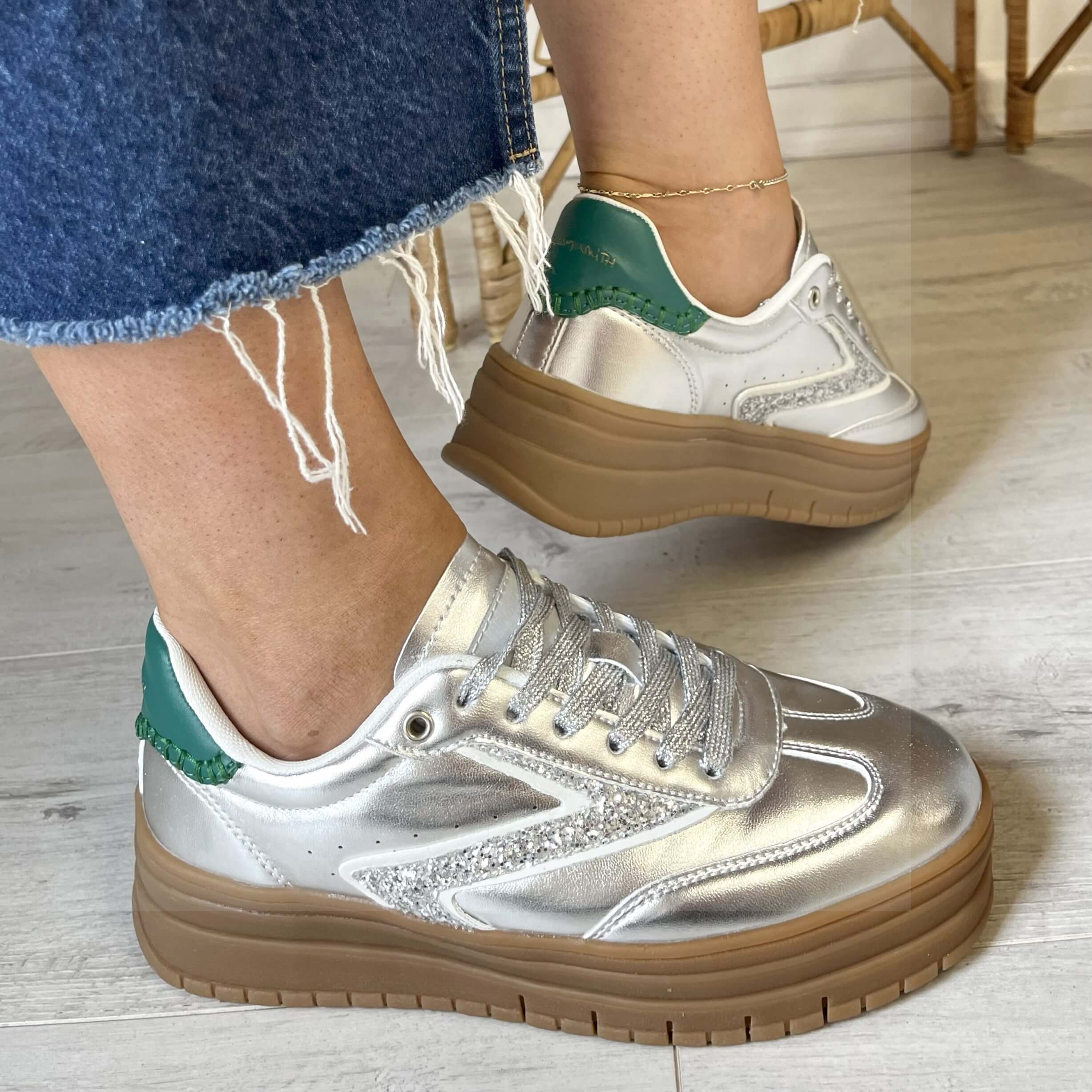 Teddy Smith Silver & Green Elevated Gum Sole Sneakers - Image 3