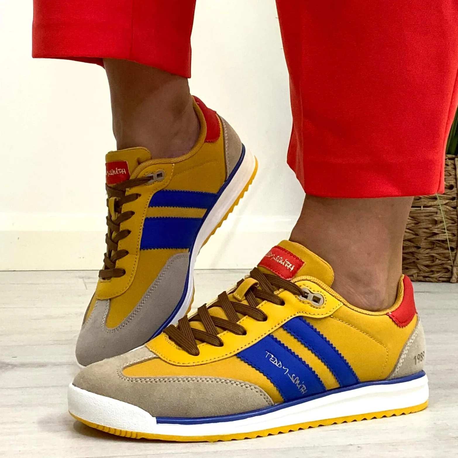 Teddy Smith Yellow, Cream & Blue Suede Slim Sole Retro Sneakers - Image 4