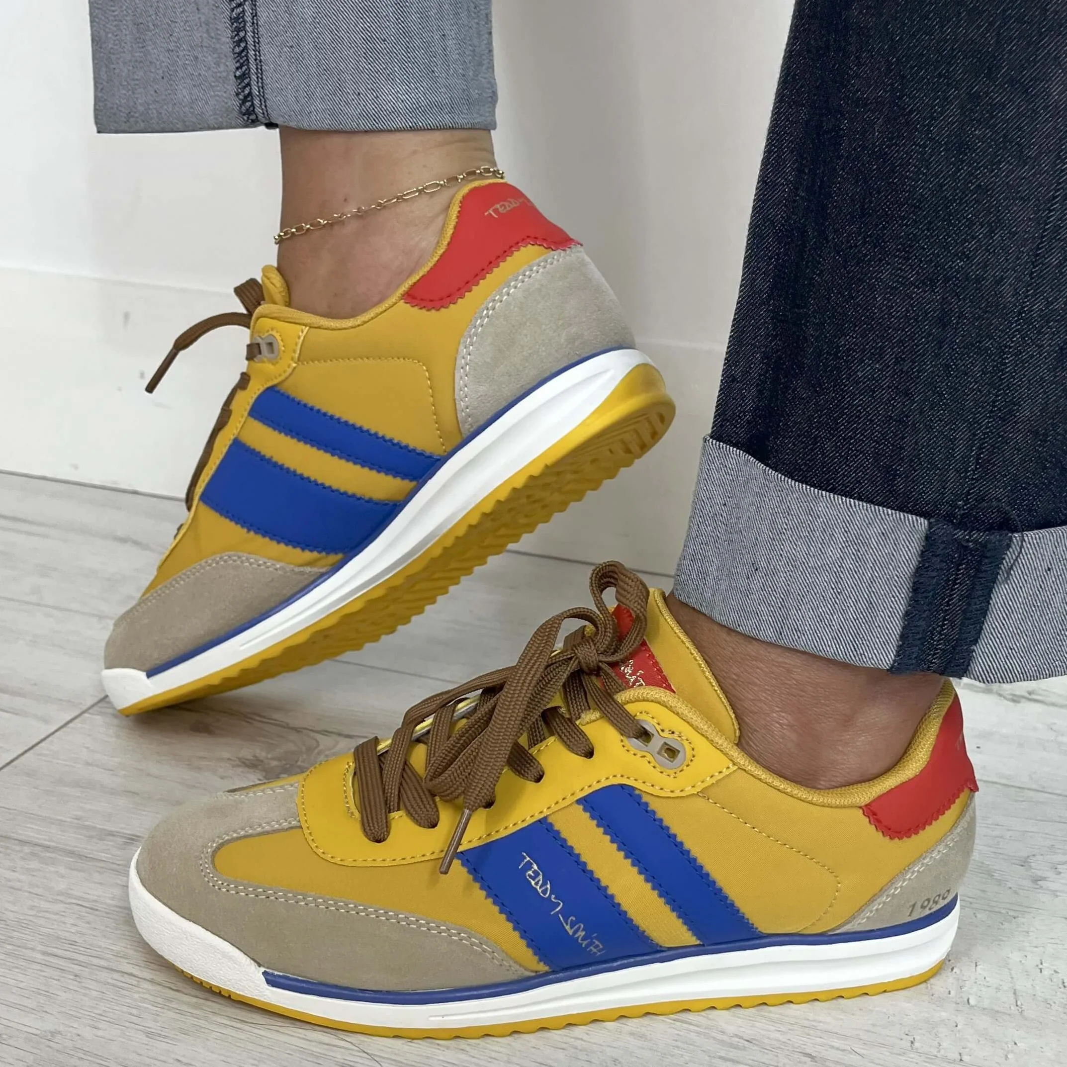 Teddy Smith Yellow, Cream & Blue Suede Slim Sole Retro Sneakers - Image 5