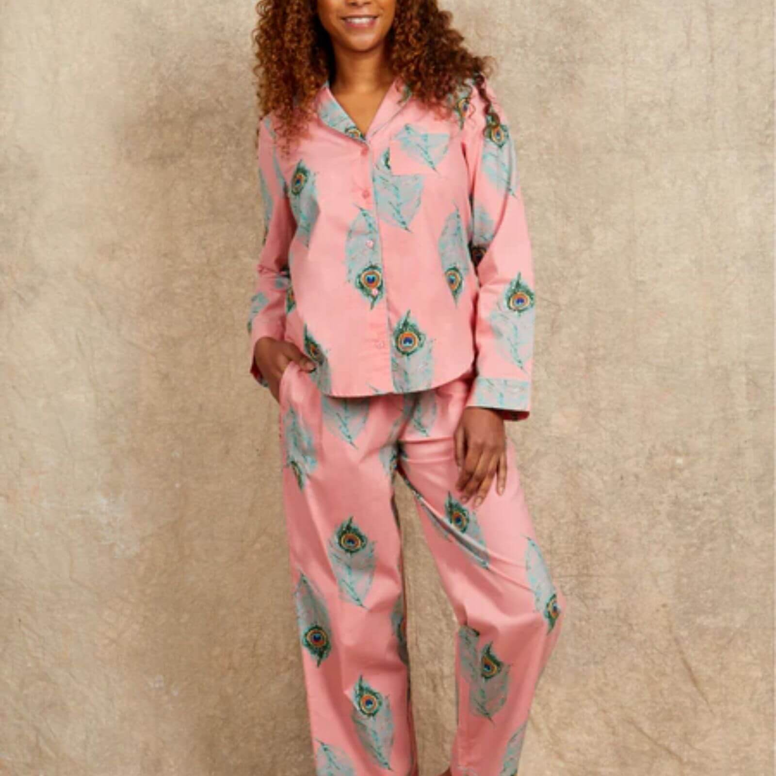 Their Nibs Cotton Long Leg Pyjamas - Warm Pink Peacock Feather - Image 2