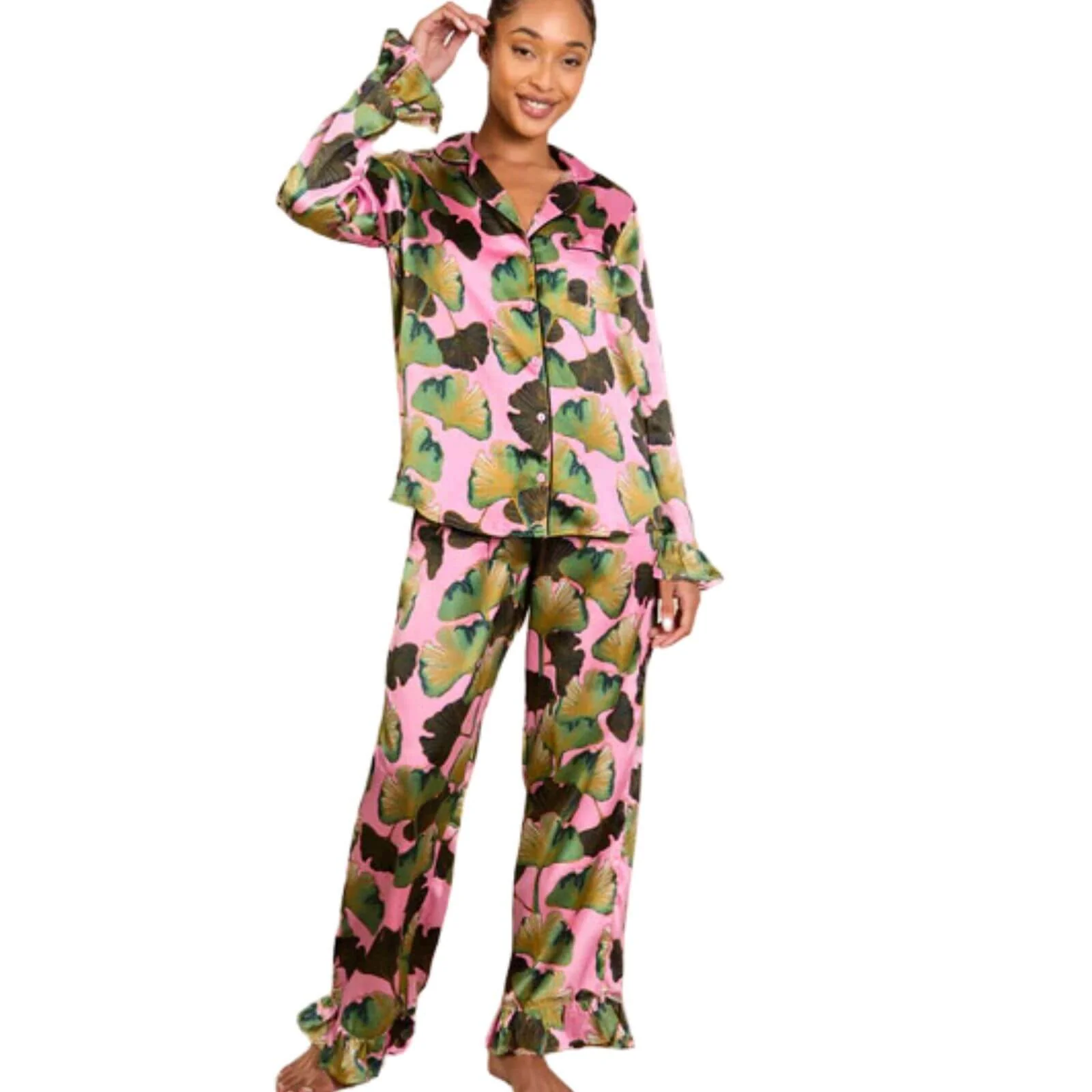 Their Nibs Satin Frill Pyjamas - Pink Palms - Image 2