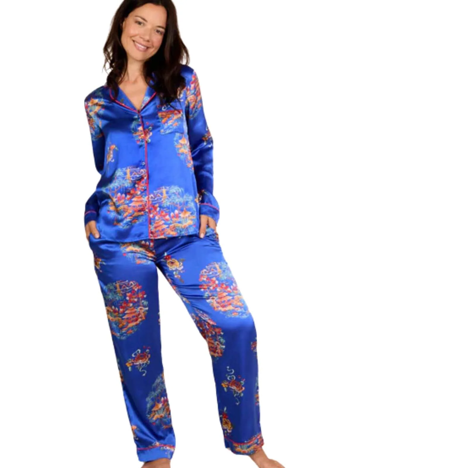 Their Nibs Satin Traditional Pyjamas - Blue Garden - Image 2
