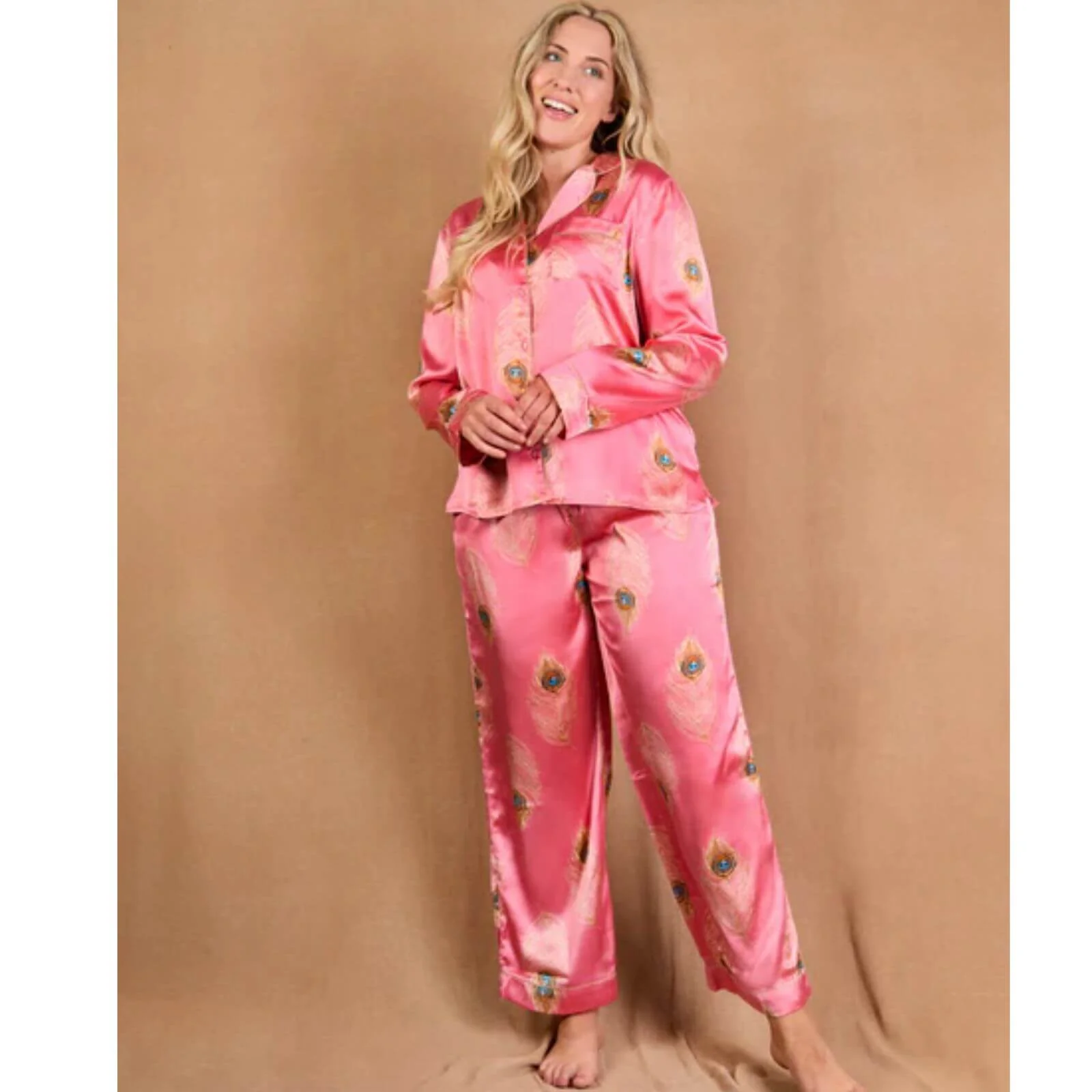 Their Nibs Satin Pyjamas - Pink Peacock Feather - Image 3