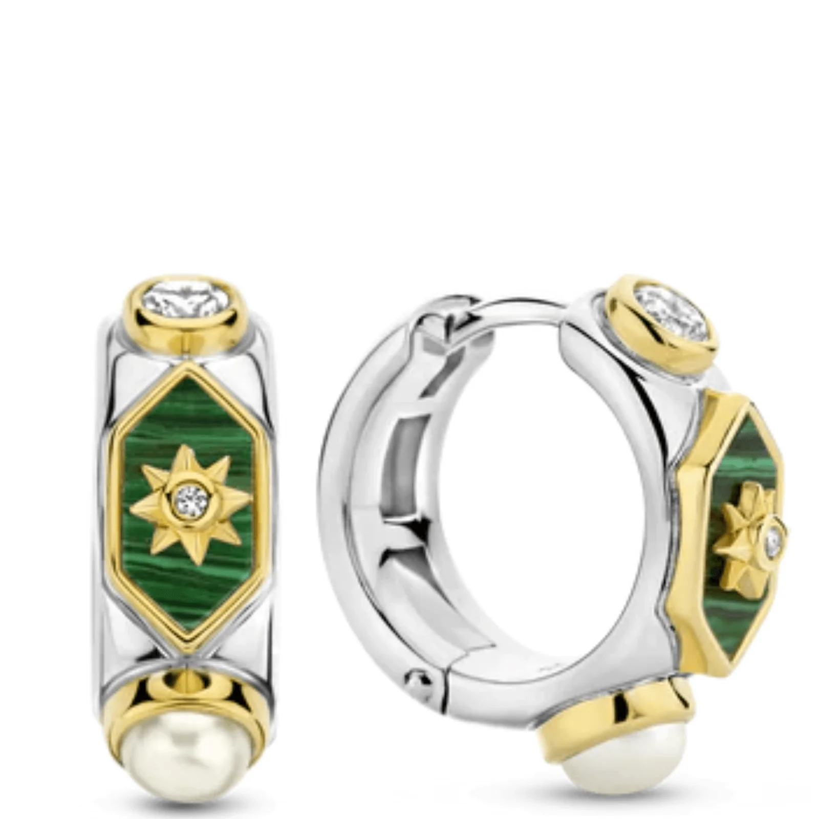 Ti Sento Two Tone Emerald & Pearl Small Hoop Earrings