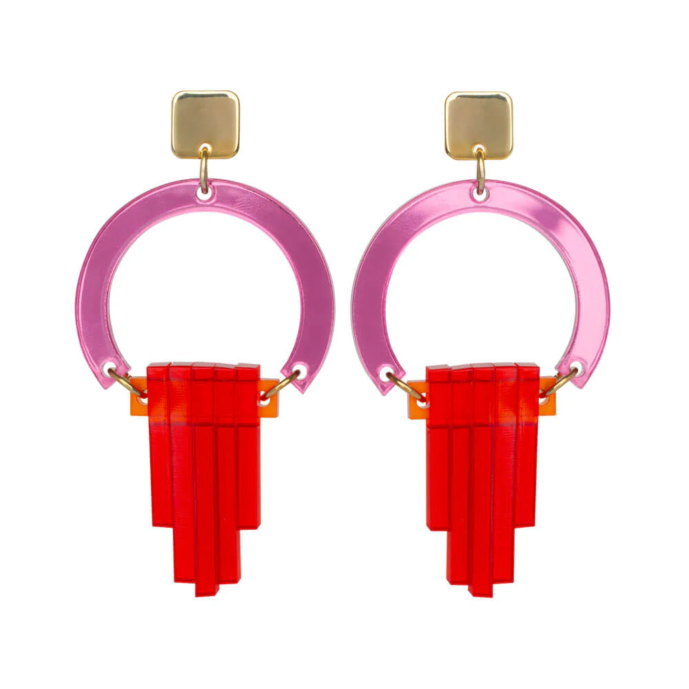 TooLally Art Deco Chandeliers Earrings - Pink Red Mirror - Image 3