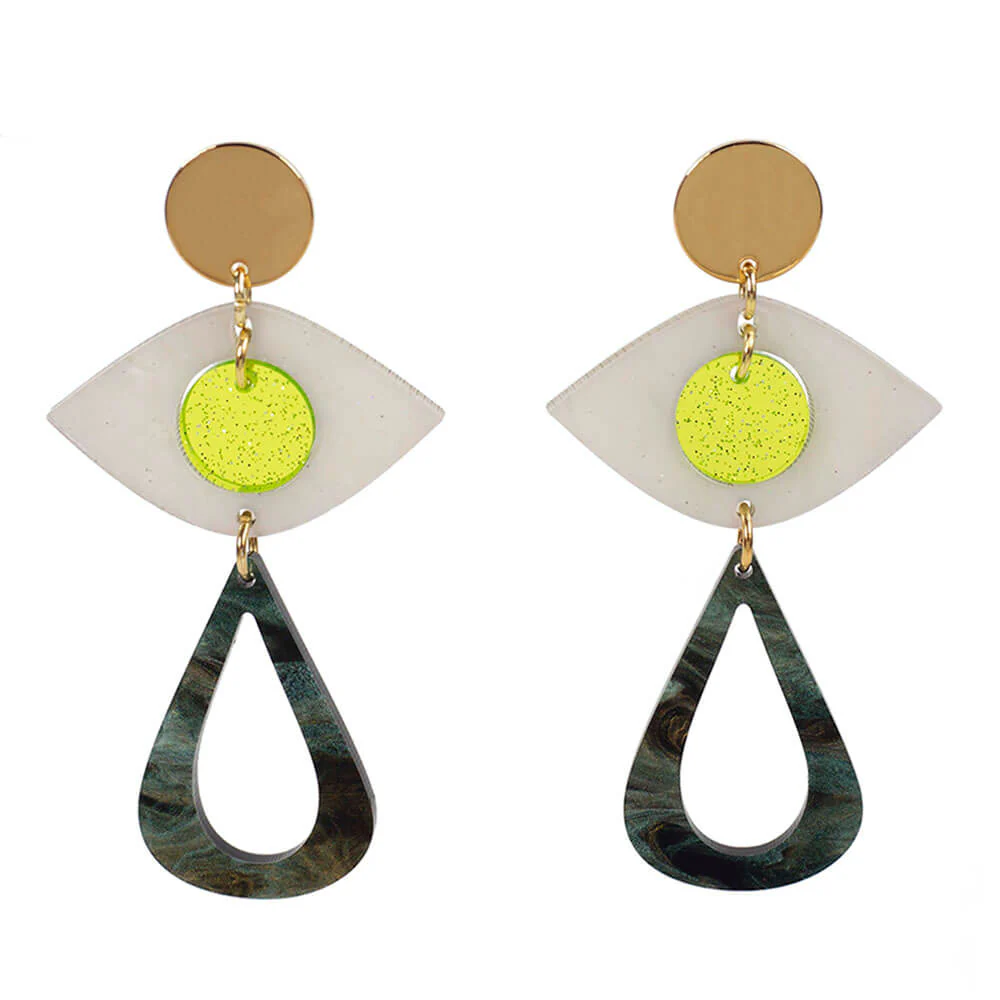 TooLally Eye Motif Drop Earrings - Yellow & Green - Image 2