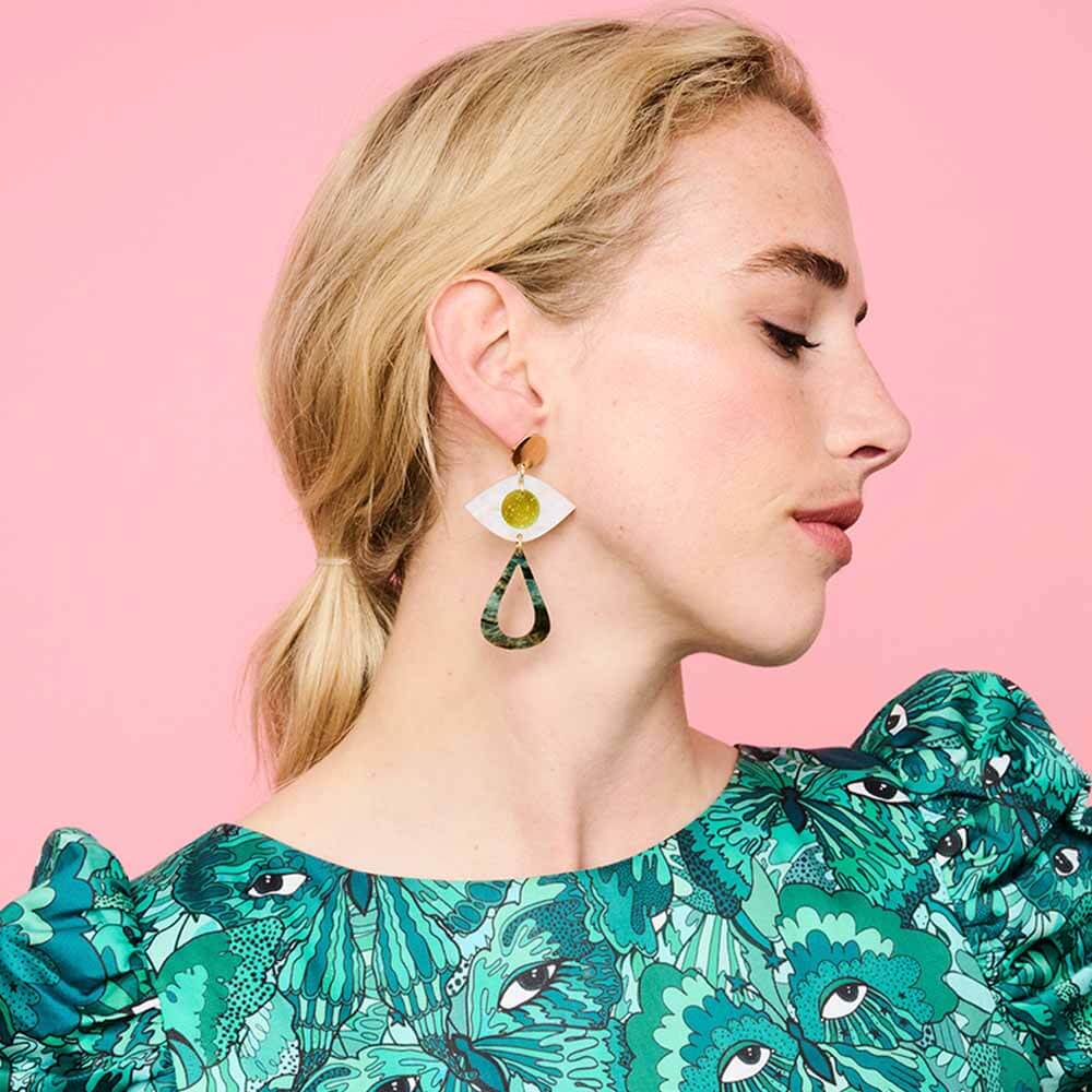 TooLally Eye Motif Drop Earrings - Yellow & Green - Image 3