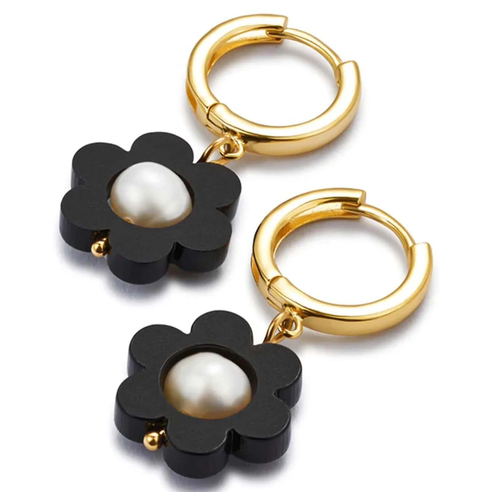 TooLally Flower Pearl Huggie Hoop Earrings - Black - Image 2