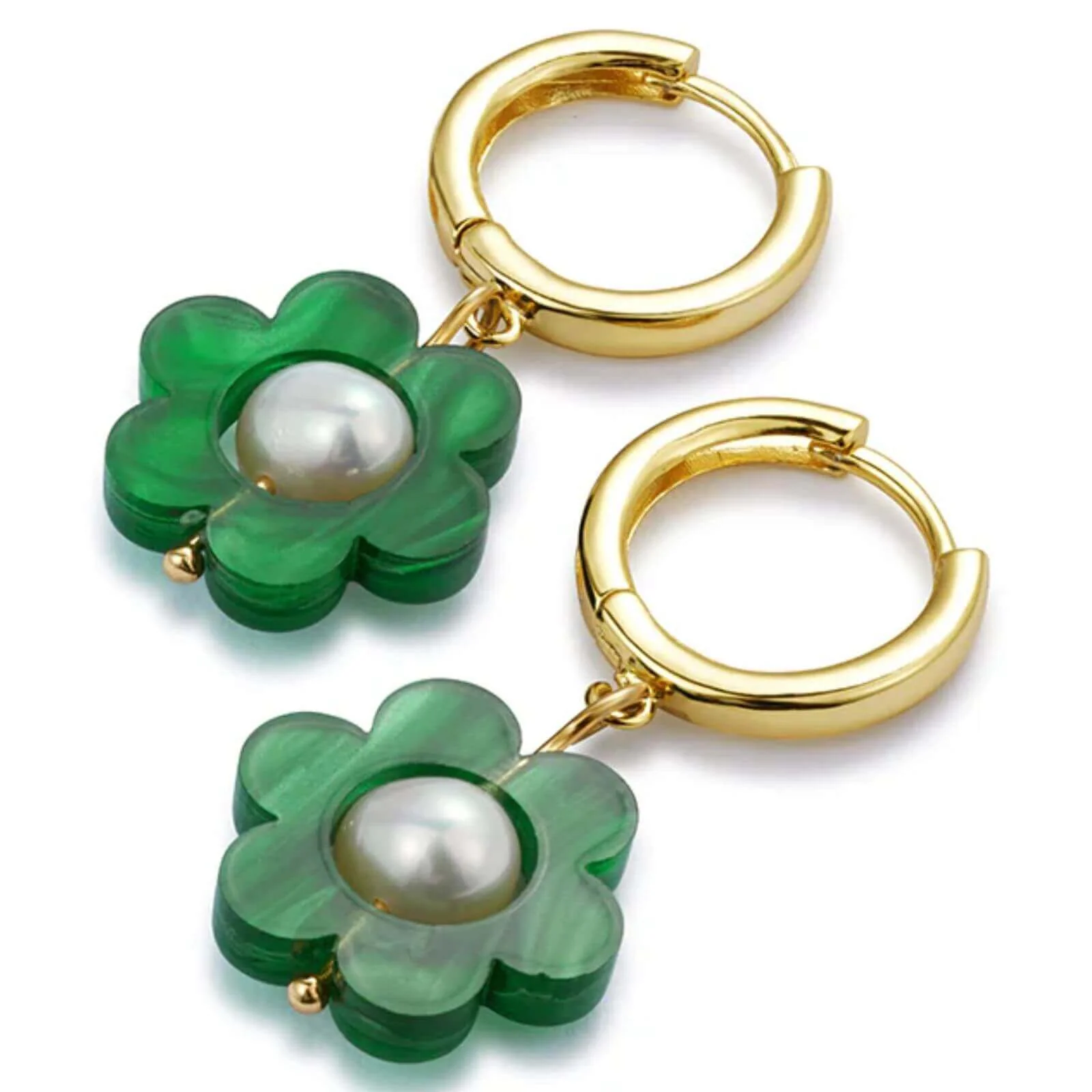 TooLally Flower Pearl Huggie Hoop Earrings - Green - Image 2