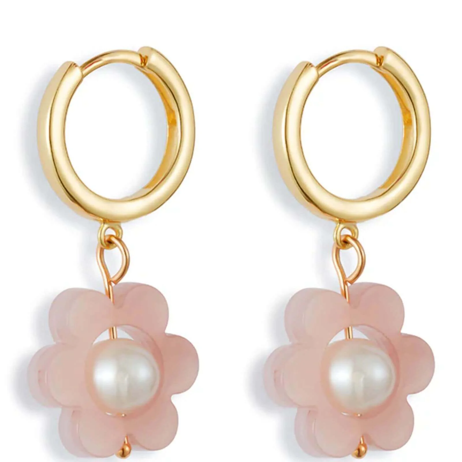 TooLally Flower Pearl Huggie Hoop Earrings - Pink