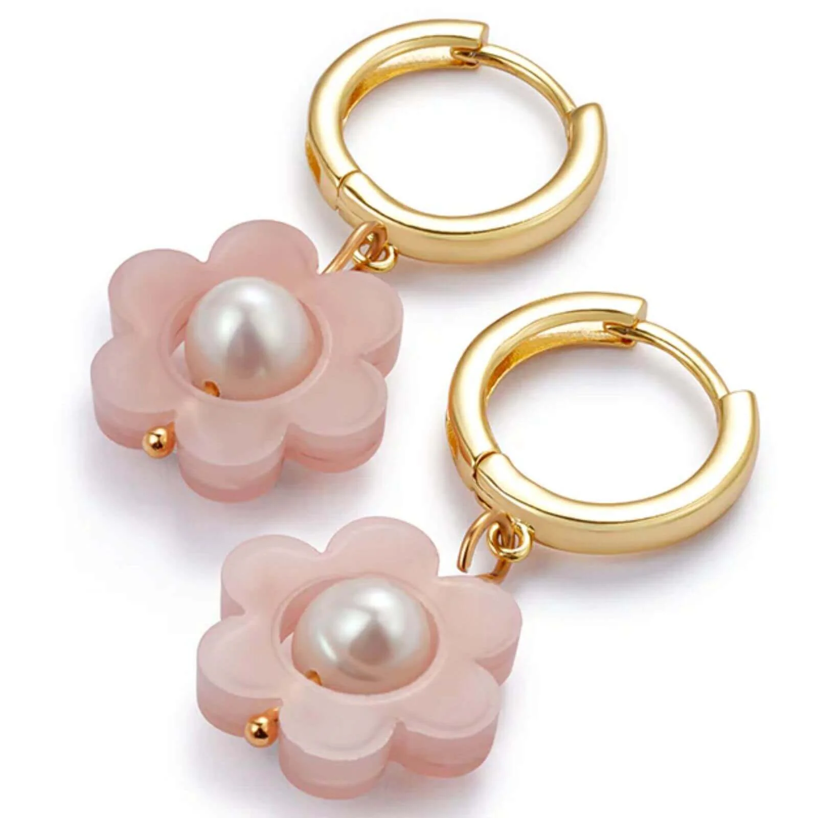 TooLally Flower Pearl Huggie Hoop Earrings - Pink - Image 2