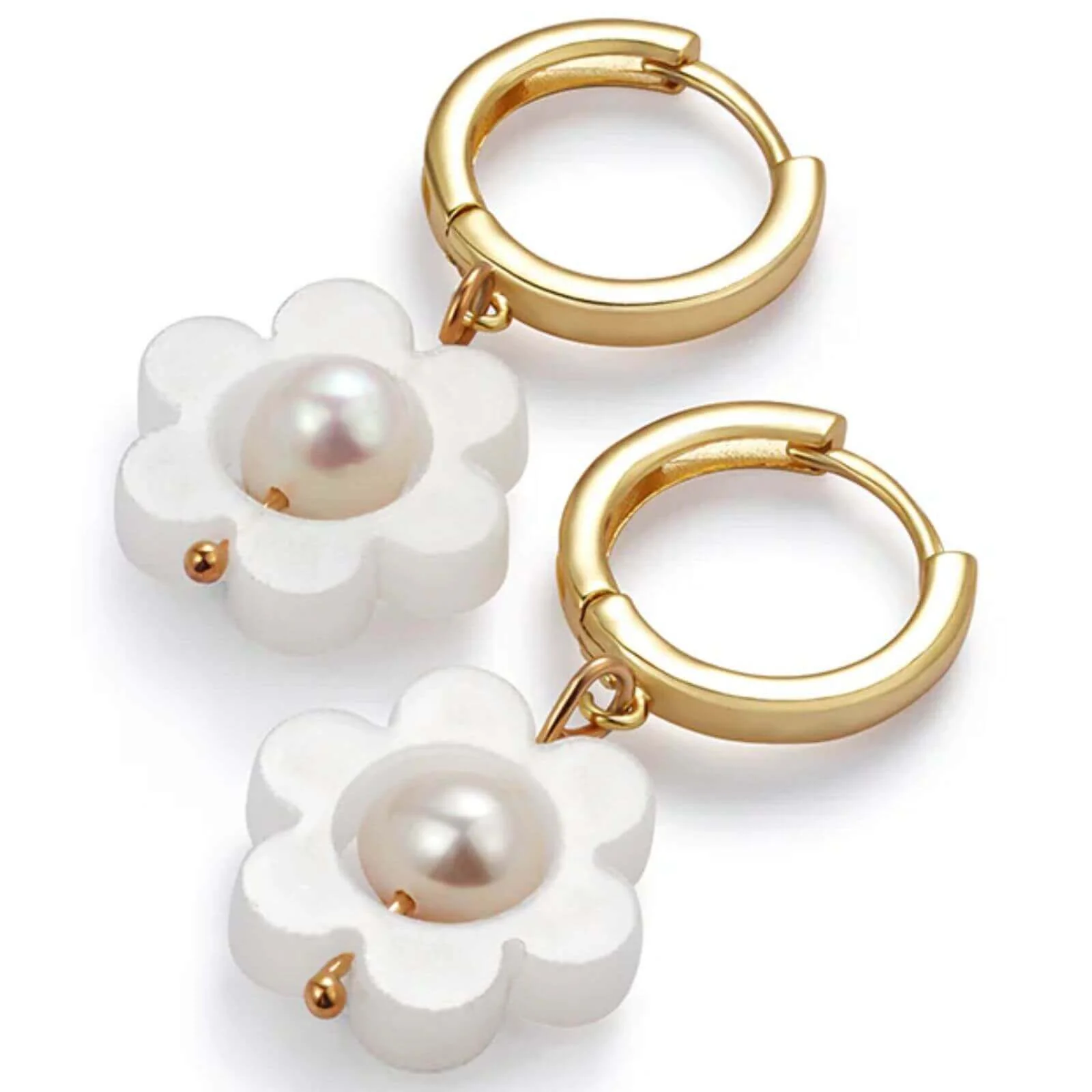 TooLally Flower Pearl Huggie Hoop Earrings - White - Image 2