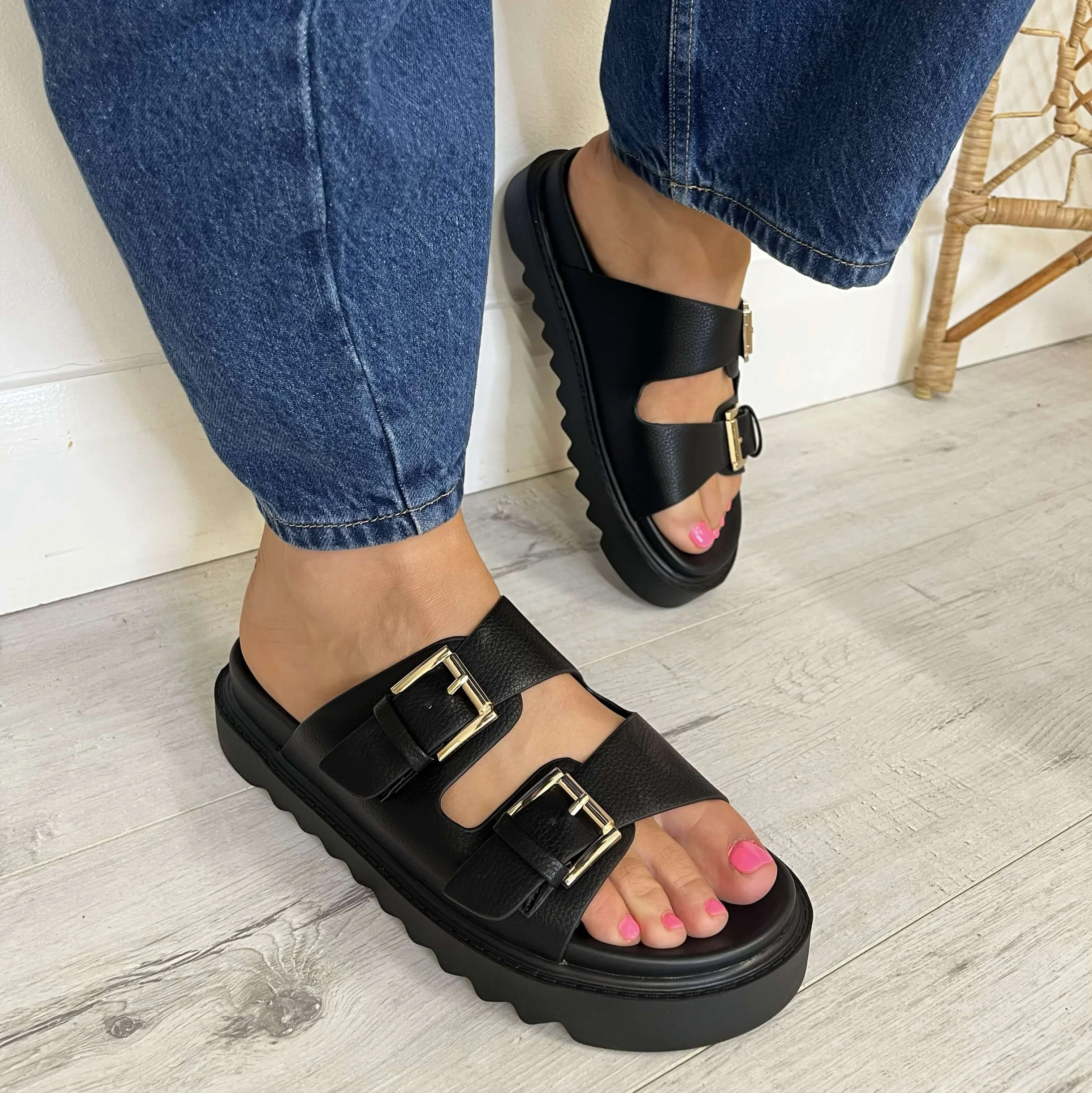 Una Healy Mustang Double Strap Flat Sandals - Black - Image 3
