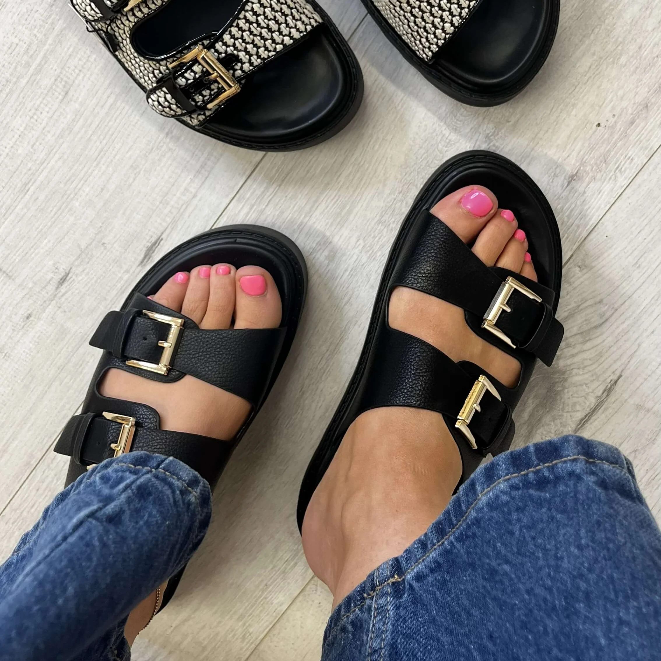 Una Healy Mustang Double Strap Flat Sandals - Black - Image 4
