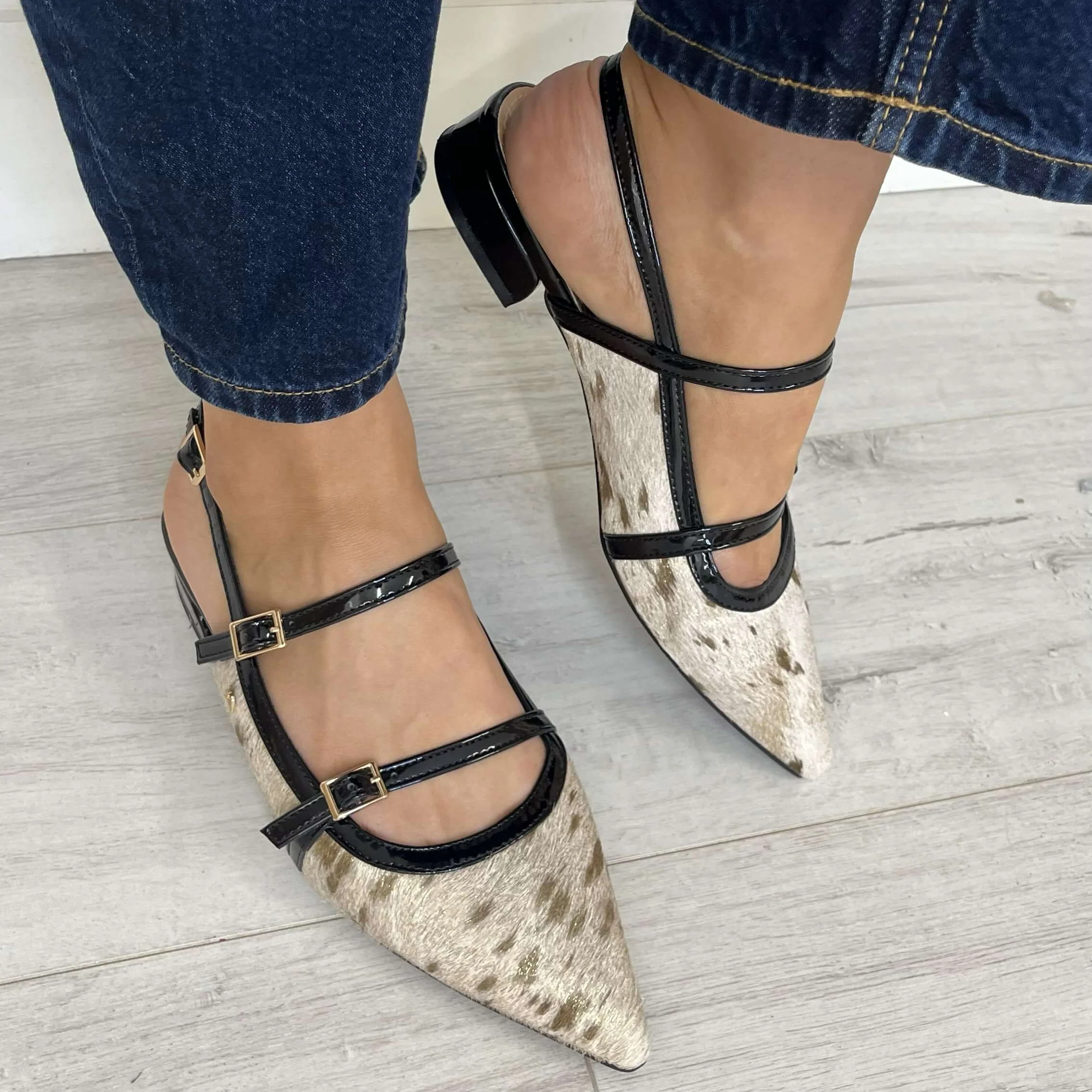 Una Healy Sling Back Flat Pointed Toe Shoes - Beige Black - Image 3