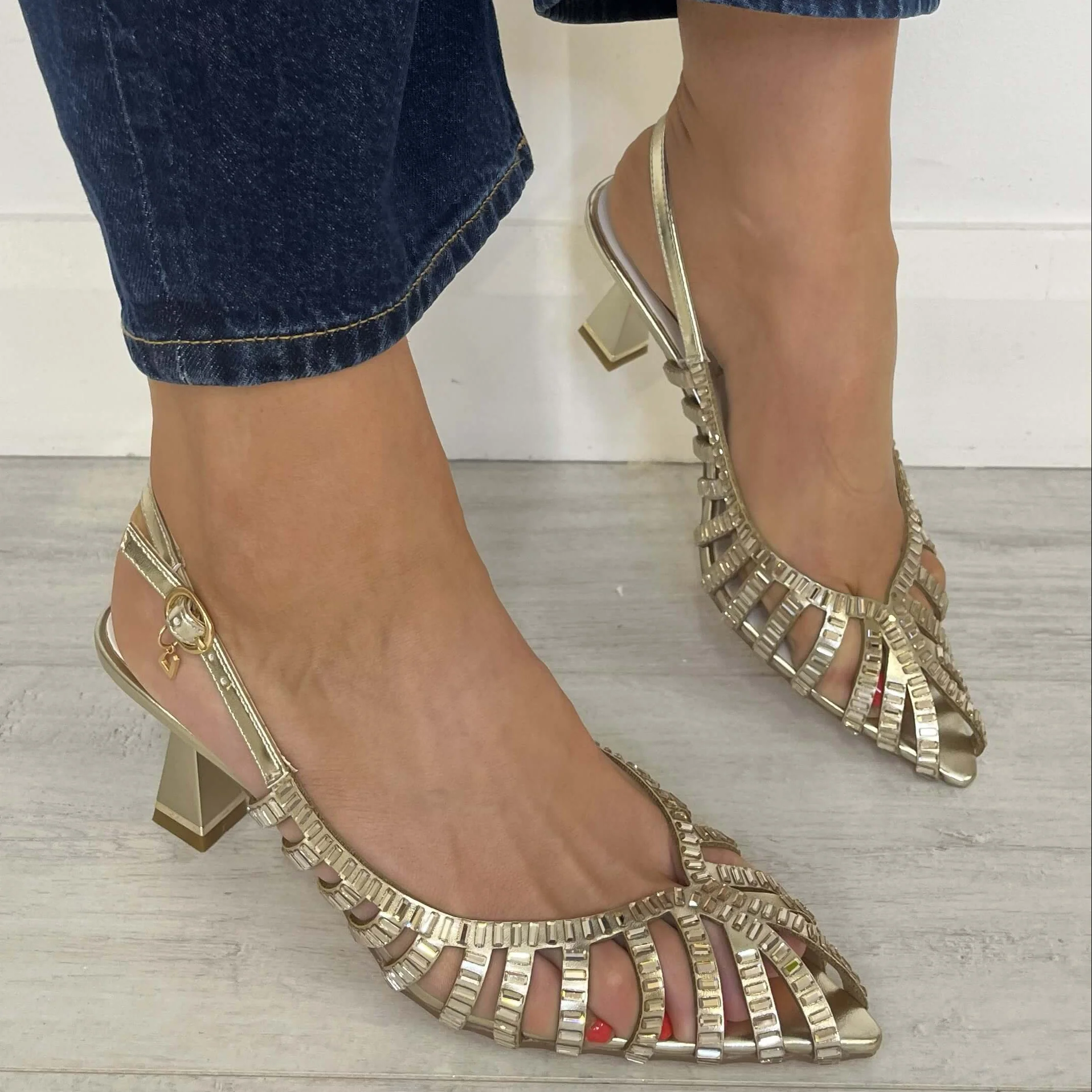 Una Healy Sling Back Heeled Sparkly Pointed Toe Shoes - Gold - Image 3
