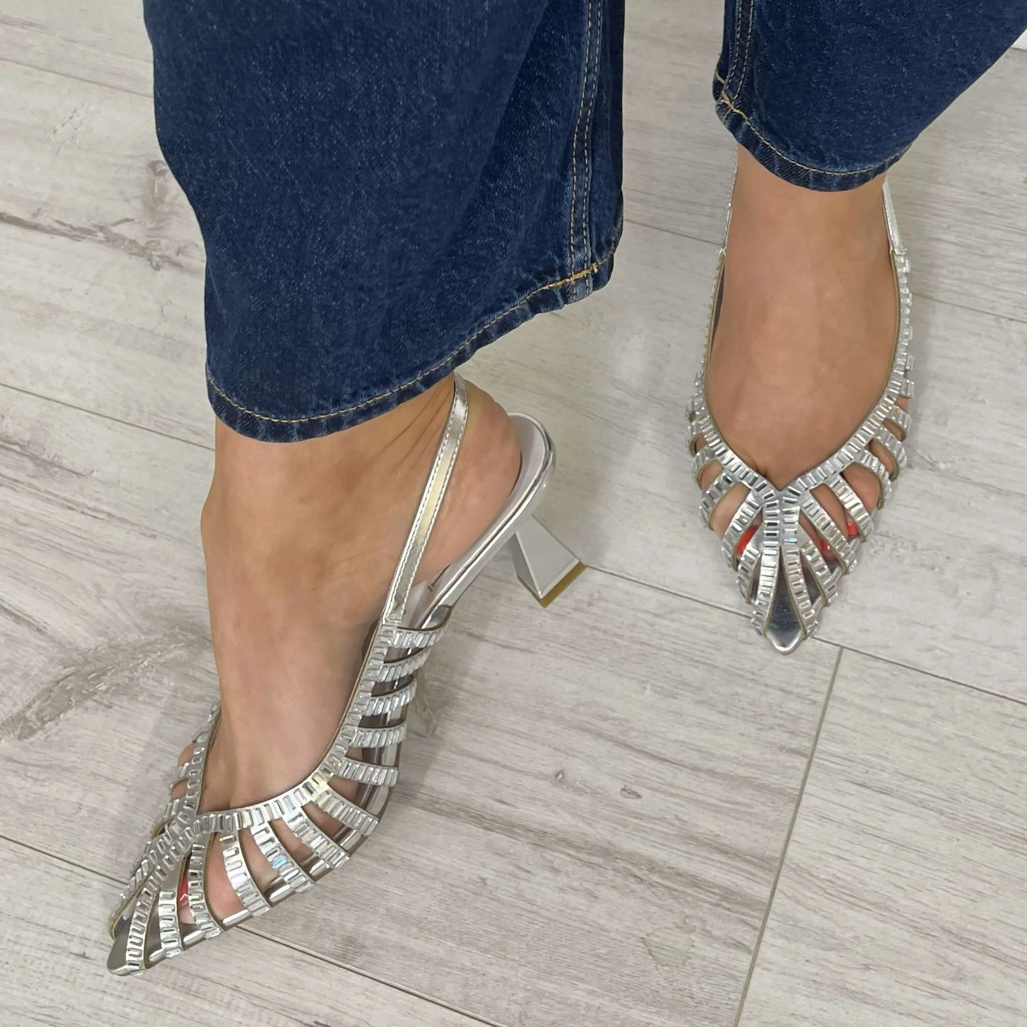 Una Healy Sling Back Heeled Sparkly Pointed Toe Shoes - Silver - Image 3