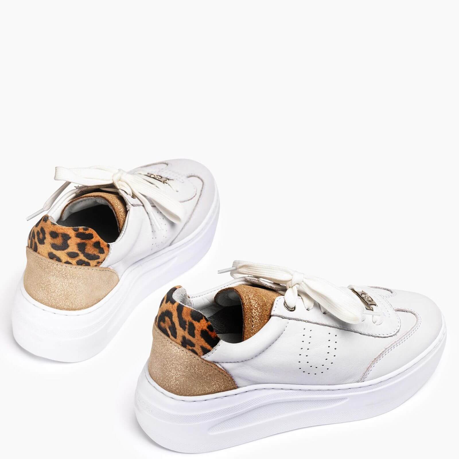 Unisa Fraile White & Leopard Lace Up Sneakers, - Image 3