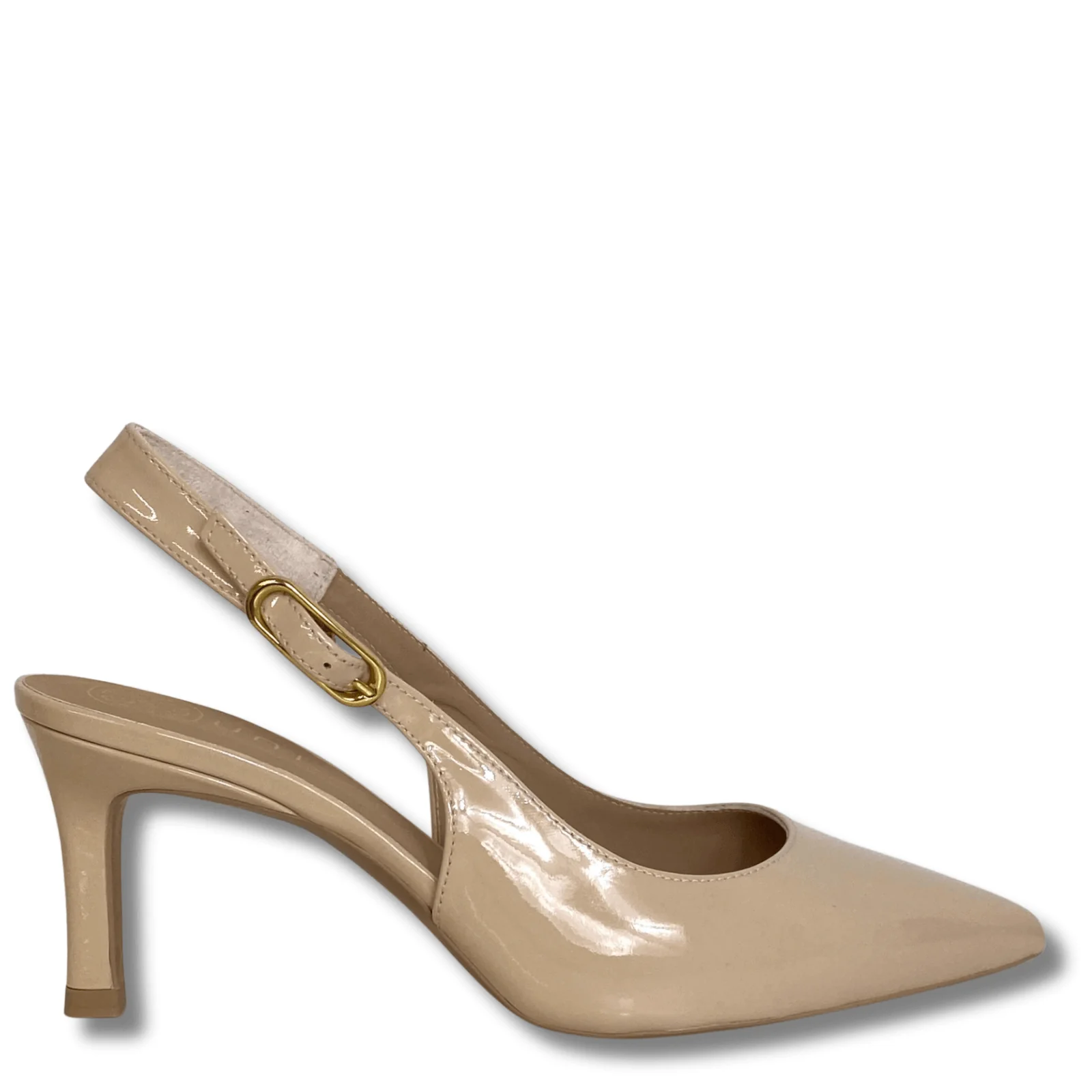 Unisa Lanz Nude Patent Leather Mid Heel Sling Back Shoes