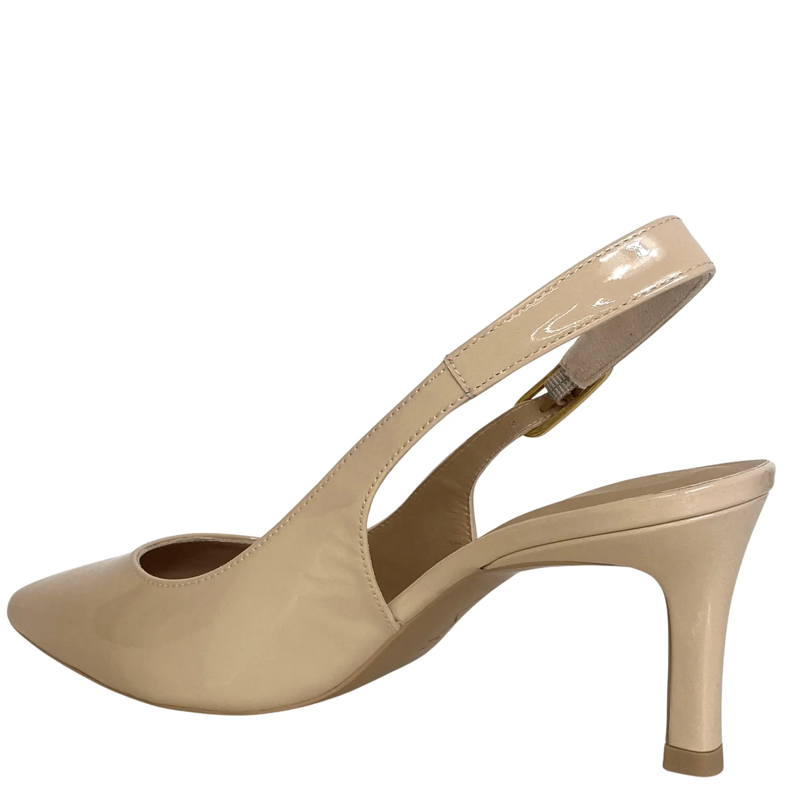 Unisa Lanz Nude Patent Leather Mid Heel Sling Back Shoes - Image 2