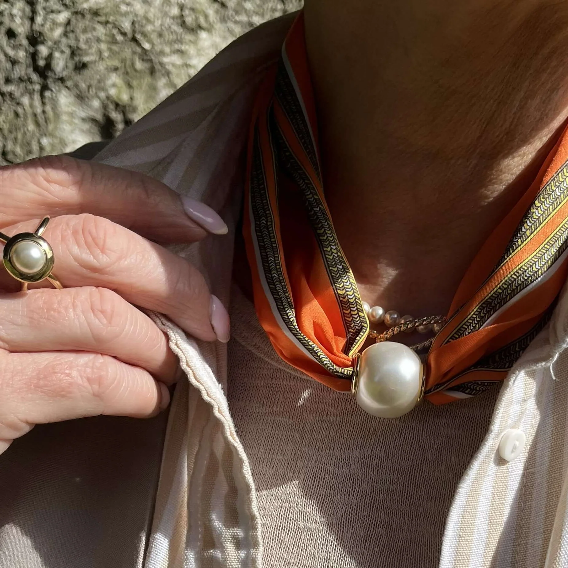 Sharon Pearl Neck Scarf - Orange Stripe - Image 2