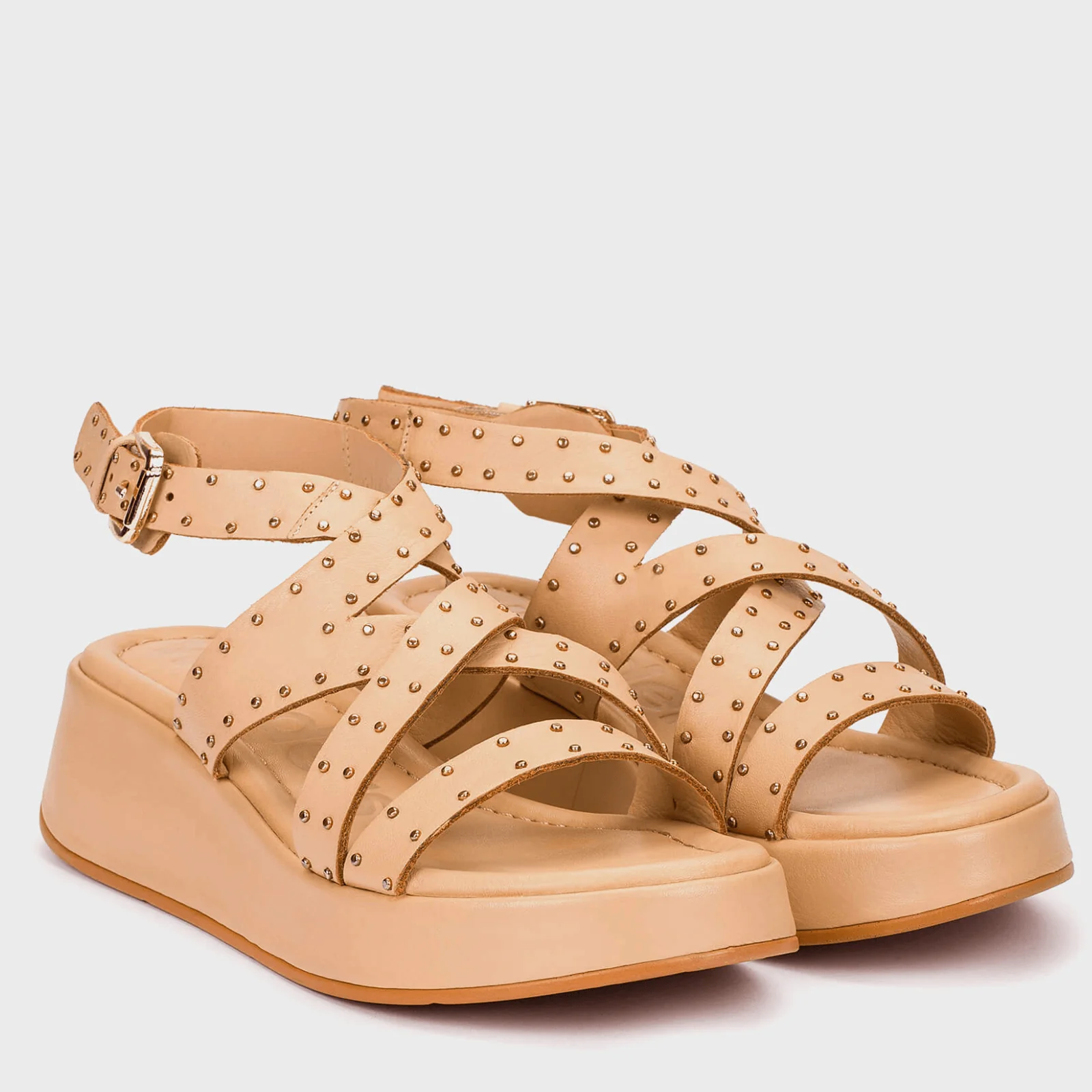 Wonders Beige Leather Studded Multi Strap Sandals - Image 2