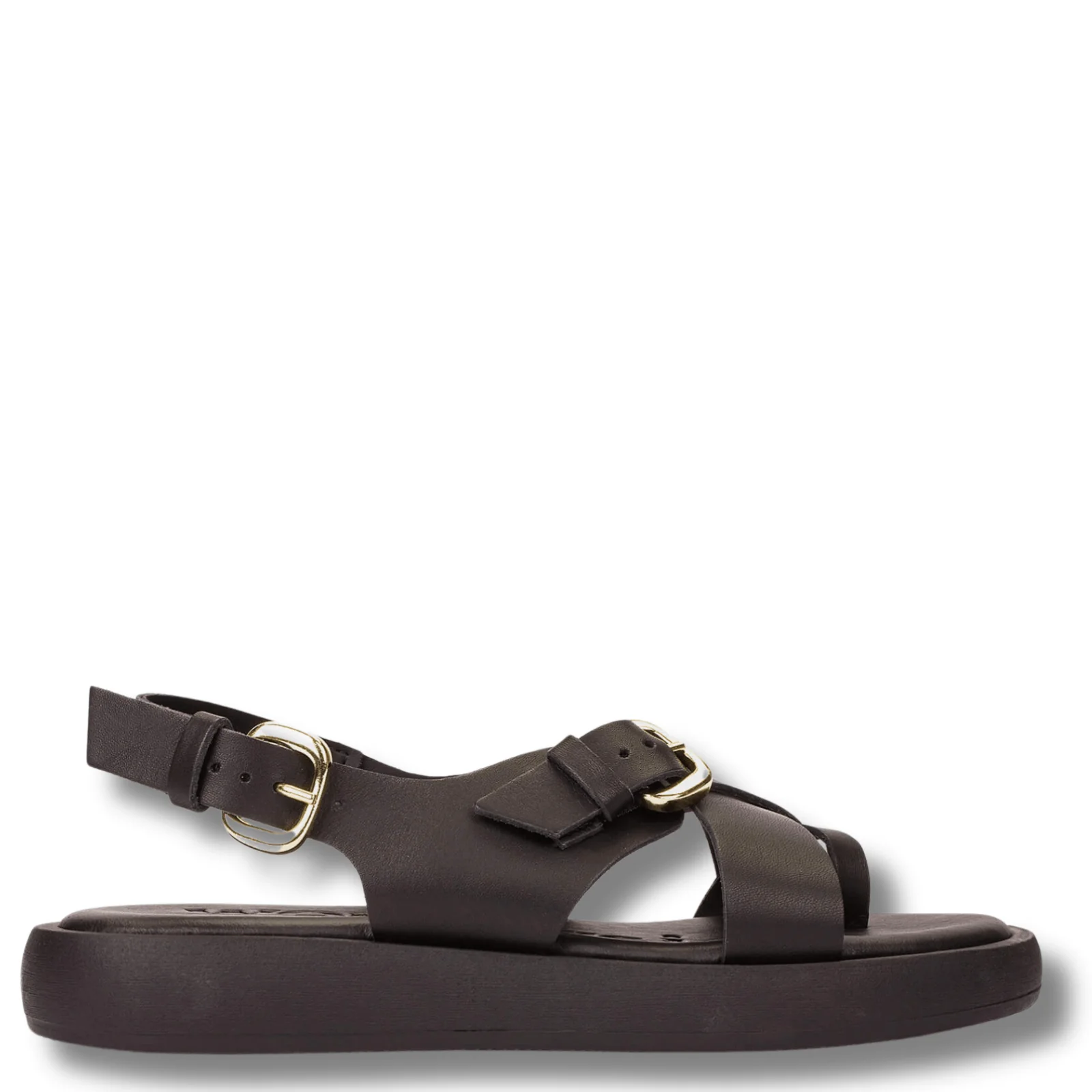 Wonders Black Leather Flat Toe Post Sandals