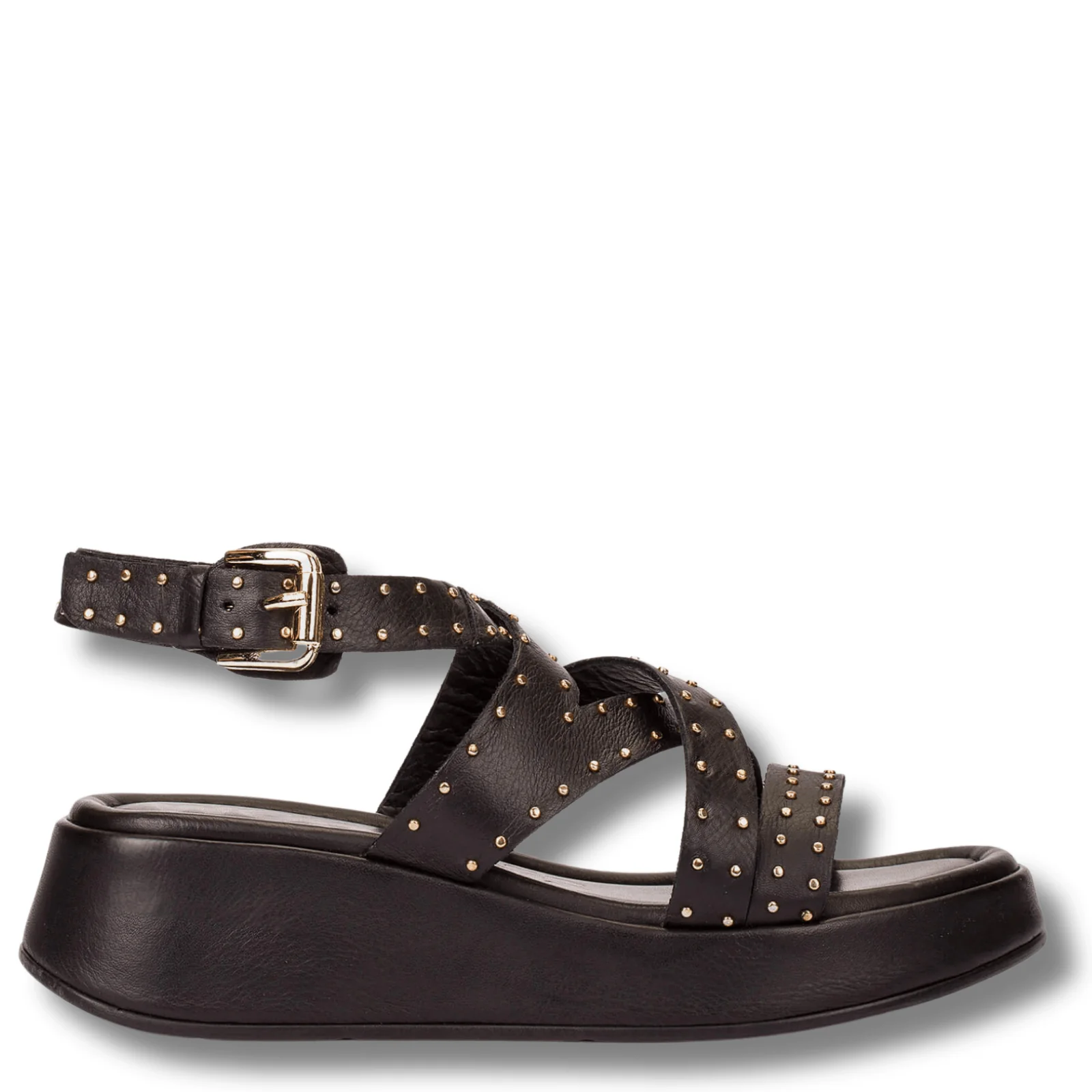 Wonders Black Leather Studded Multi Strap Sandals