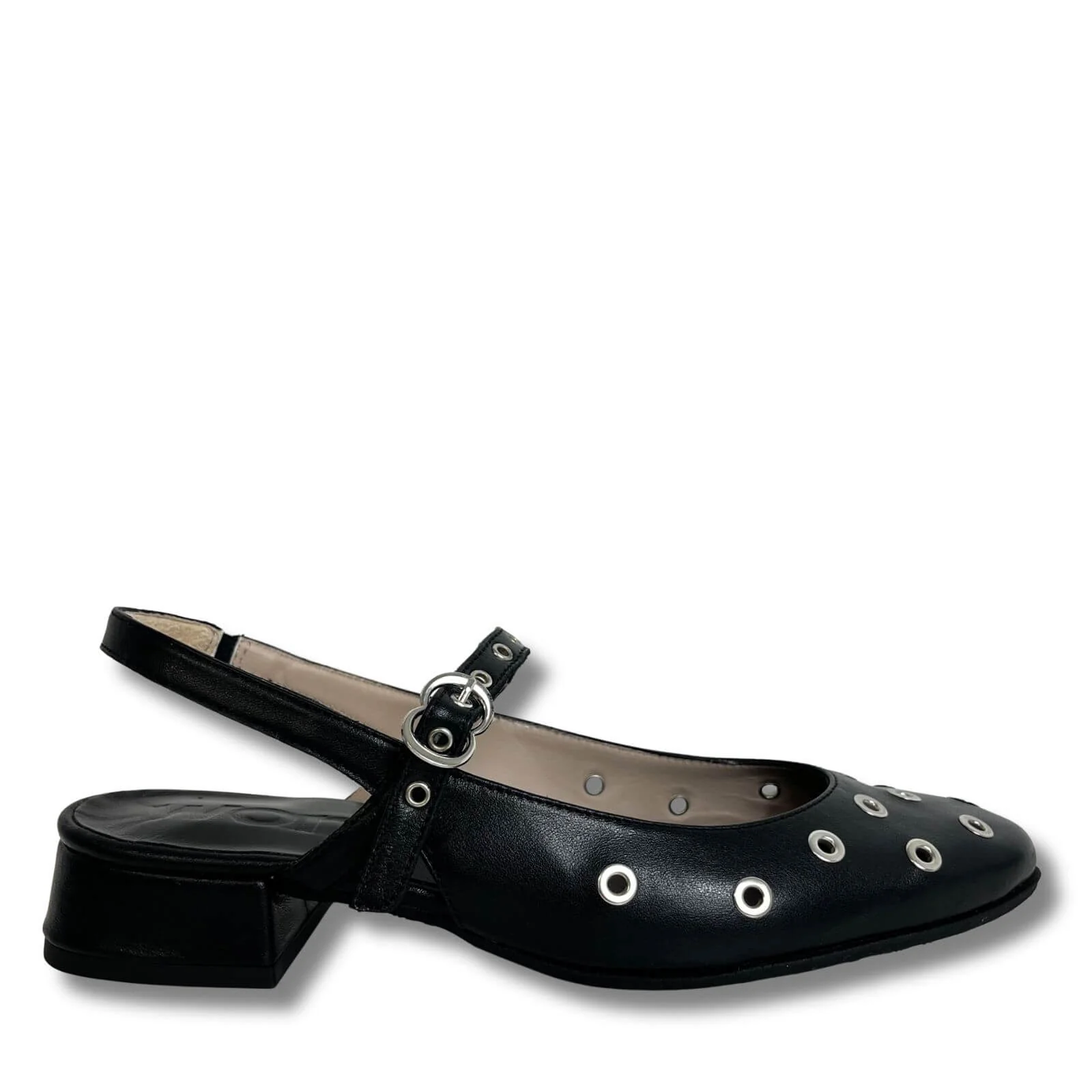 Wonders Black Leather Studded Sling Back Shoes