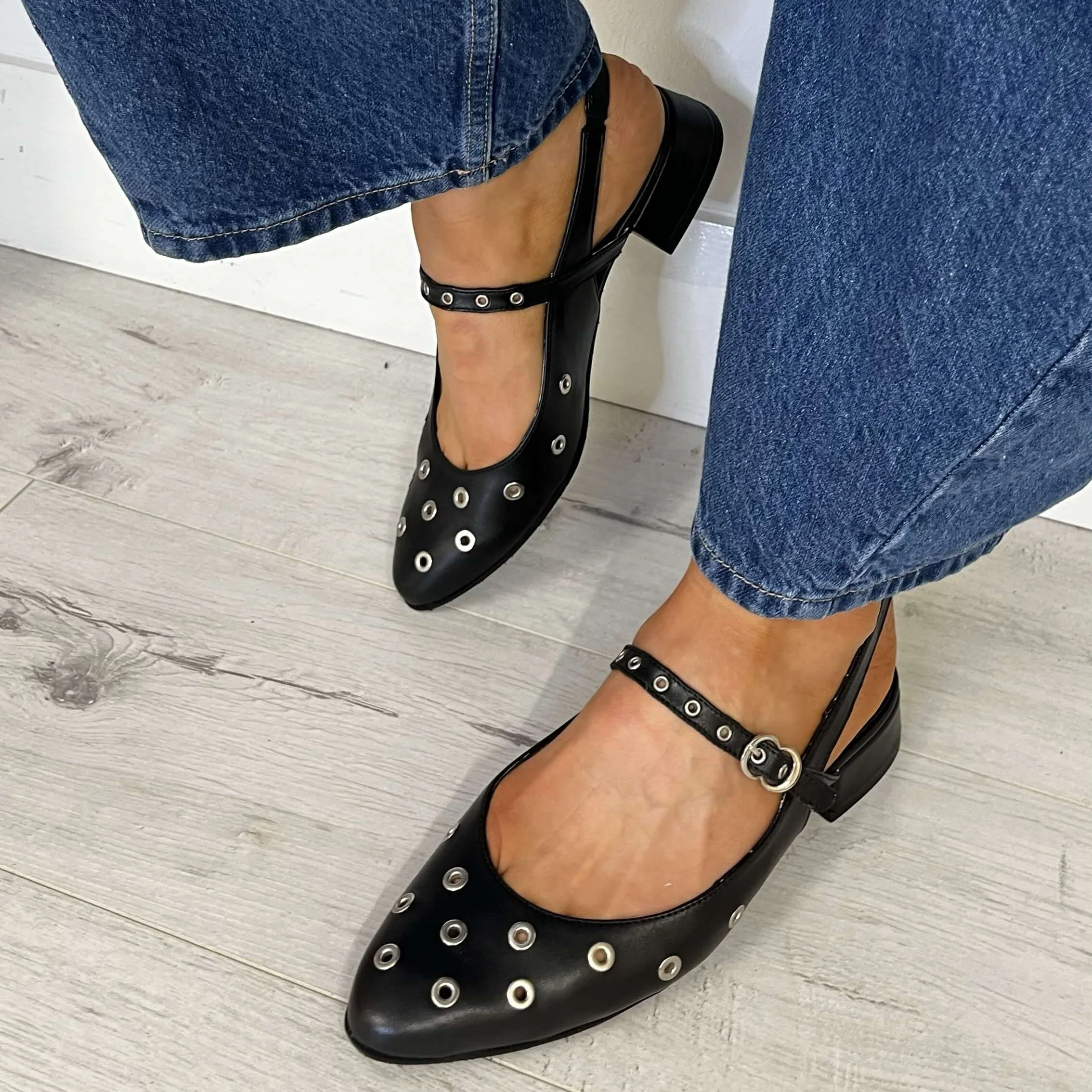 Wonders Black Leather Studded Sling Back Shoes - Image 3